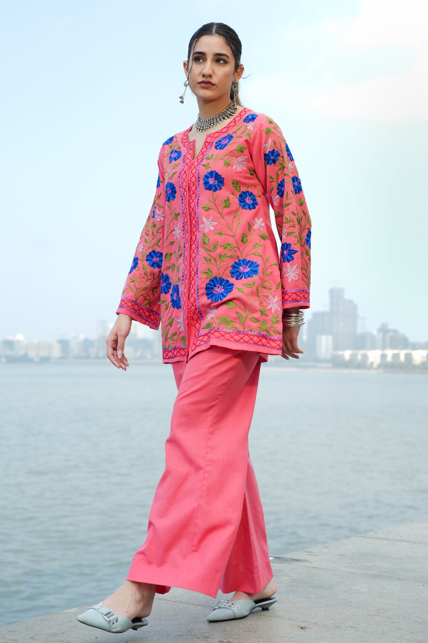 Cotton Kashmiri Aari Embroidered Jacket - Peach