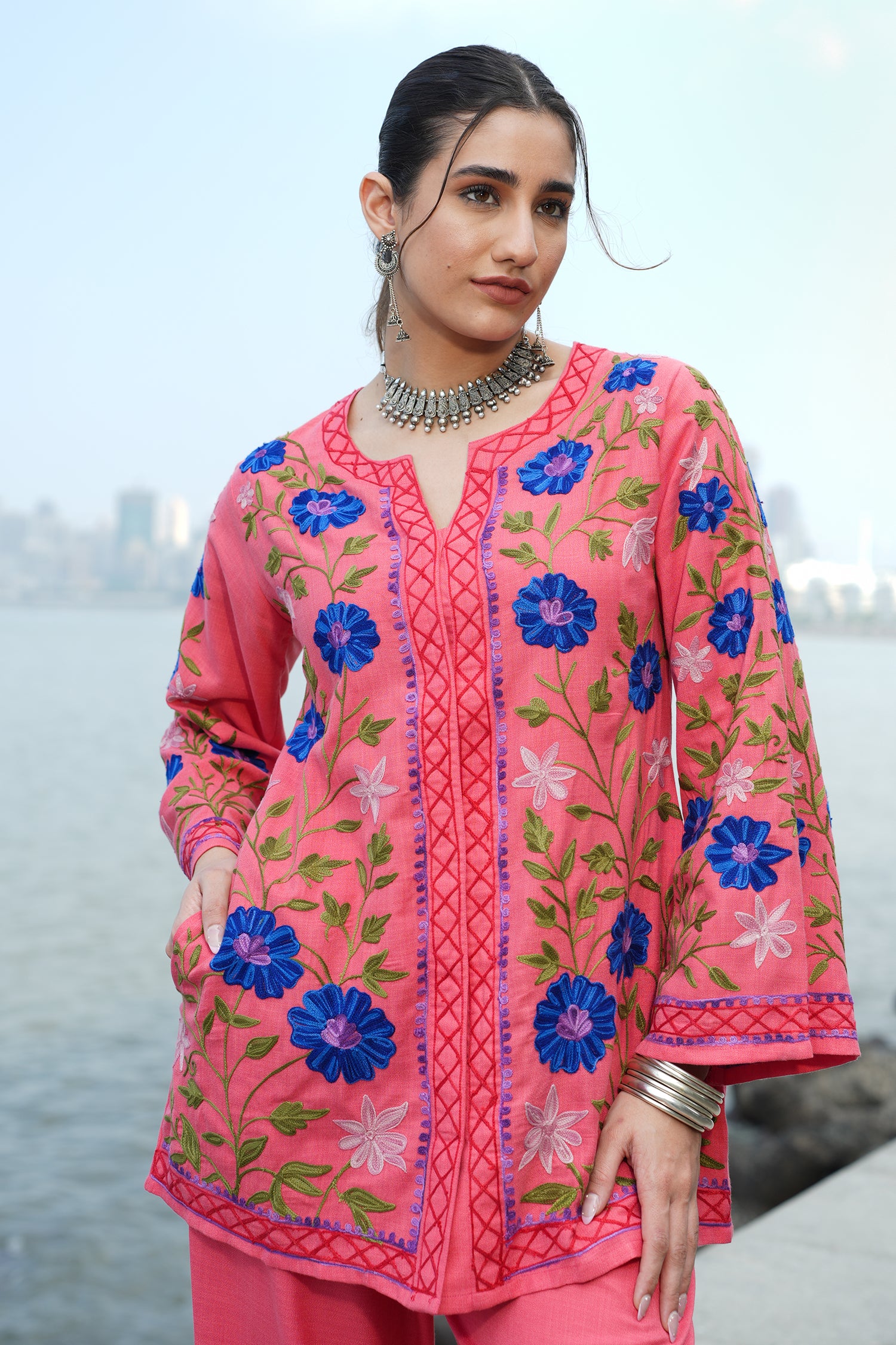Cotton Kashmiri Aari Embroidered Jacket - Peach
