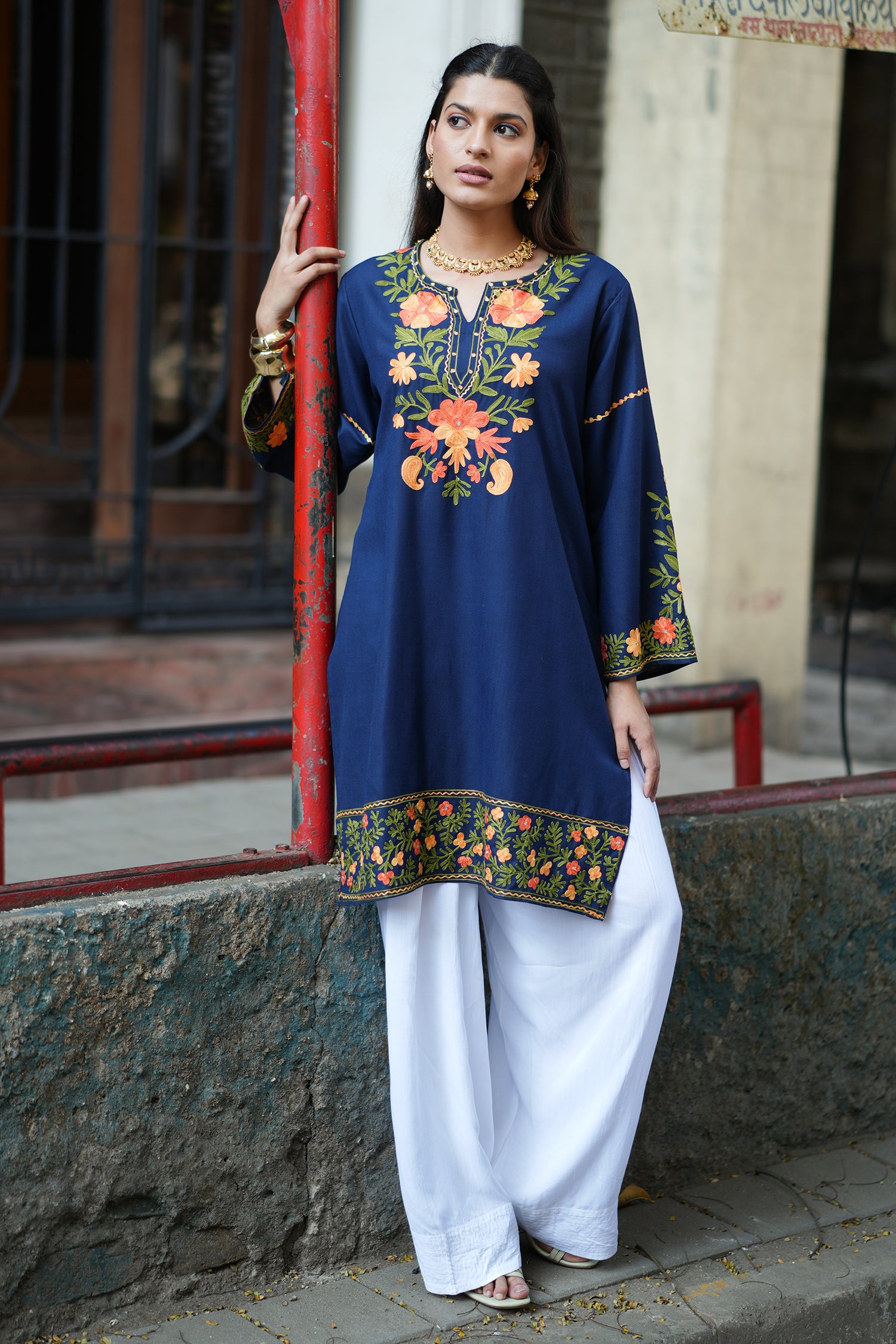 Cotton Kashmiri Aari Embroidered Long Kurta - Navy Blue