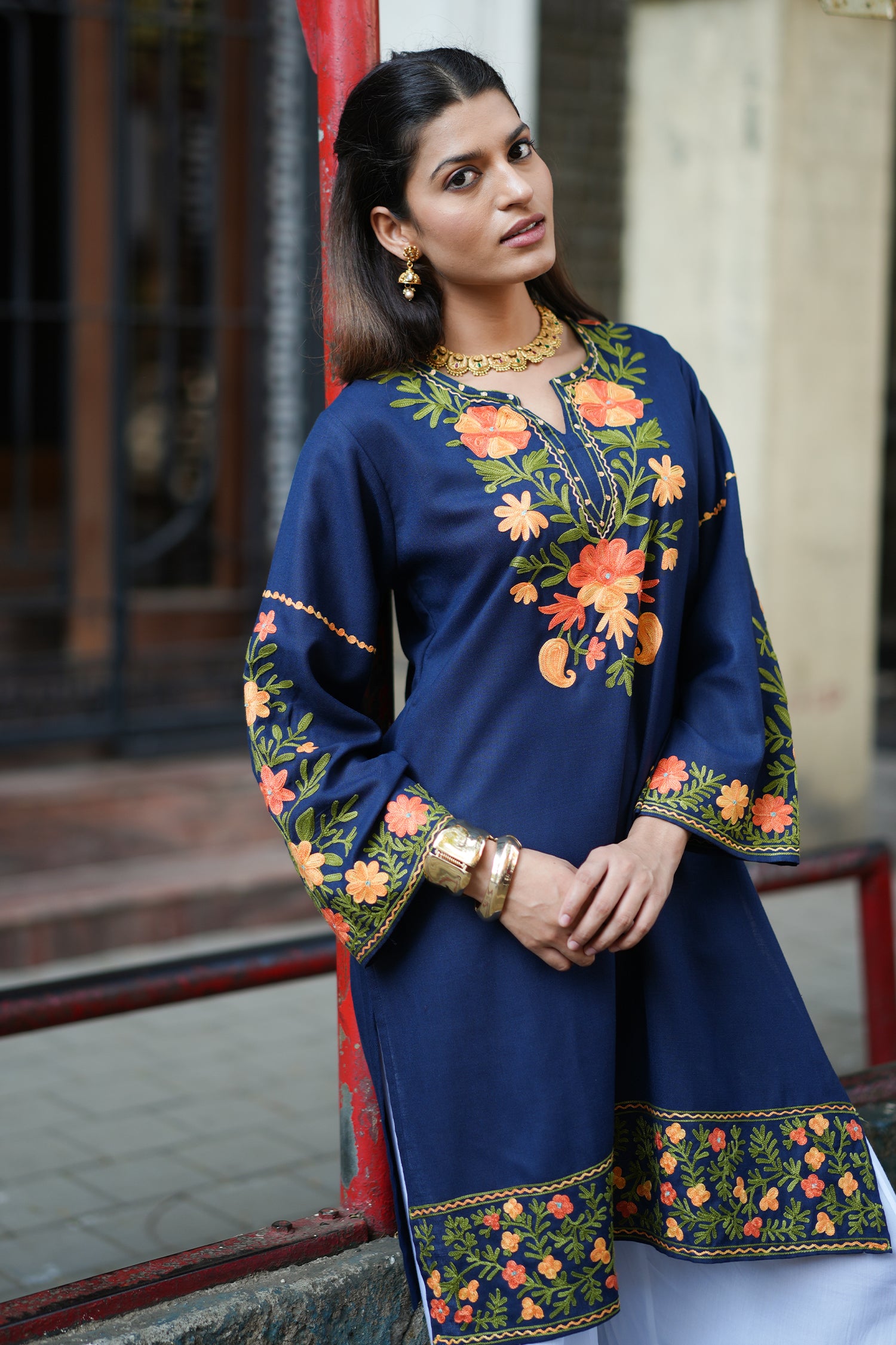 Cotton Kashmiri Aari Embroidered Long Kurta - Navy Blue