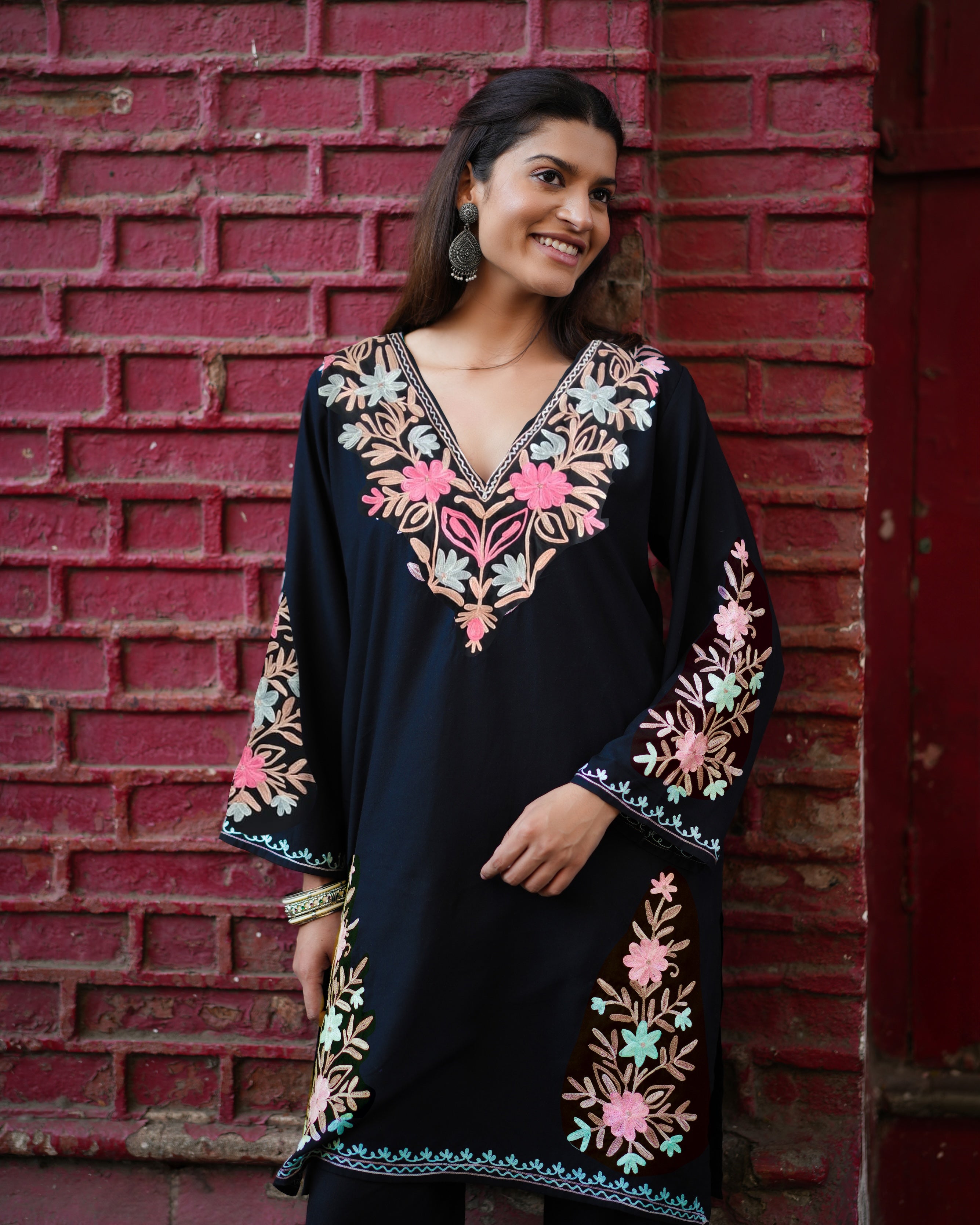 Cotton Kashmiri Aari Embroidered Long Kurta - Black