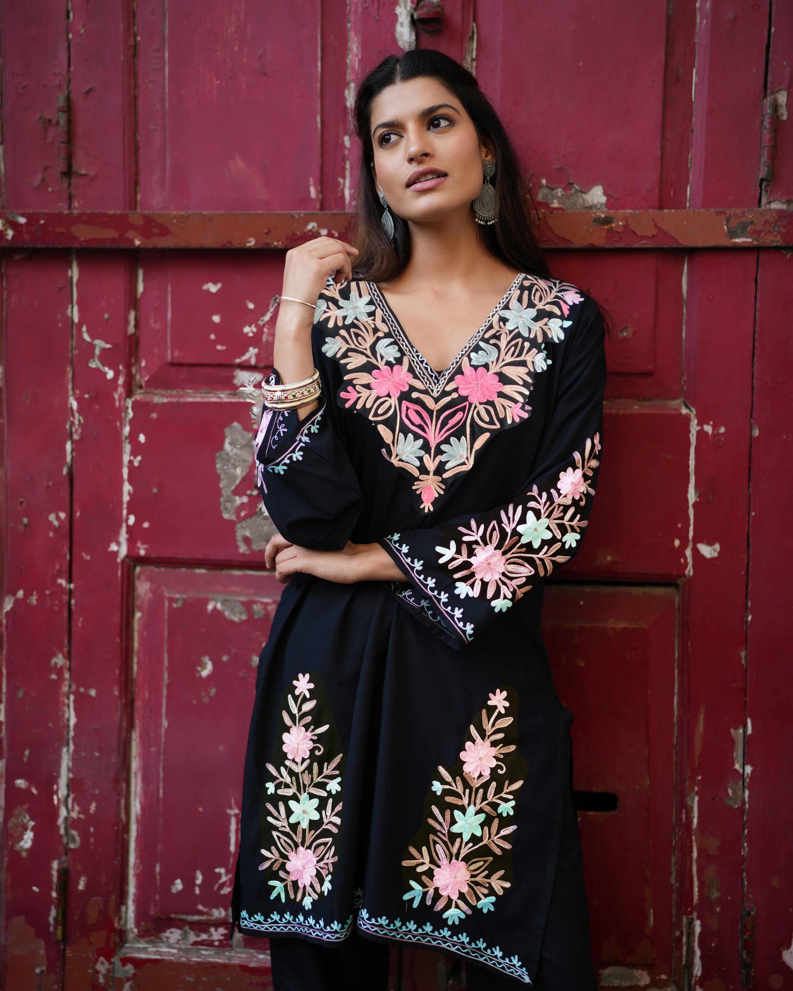 Cotton Kashmiri Aari Embroidered Long Kurta - Black