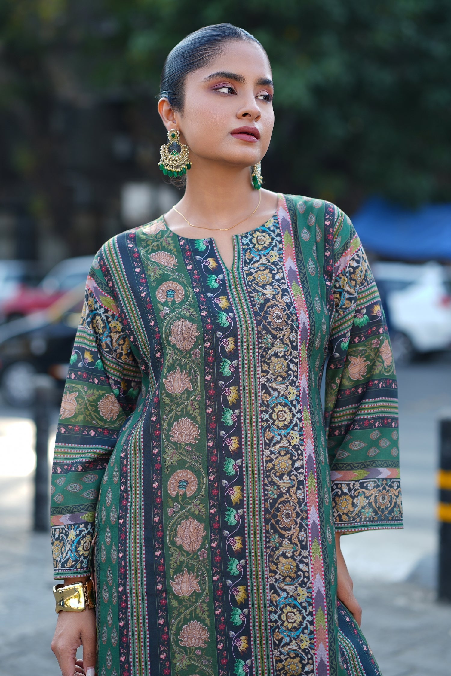 Printed Organza Dupatta - Forest Green