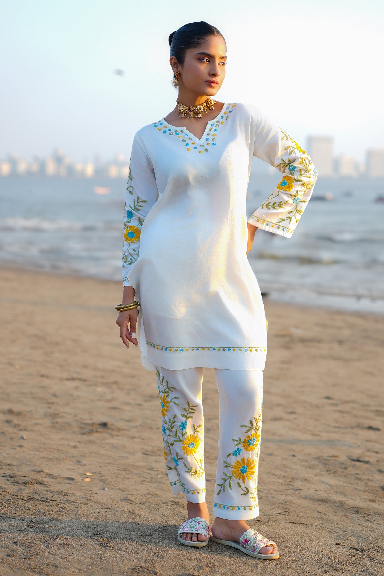 Cotton Chikankari Embroidered Kurta Set With Straight Pants – Ivory Flora