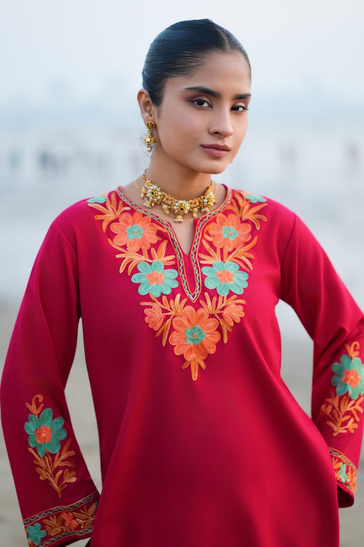 Cotton Kashmiri Aari Embroidered Short Kurta - Maroon