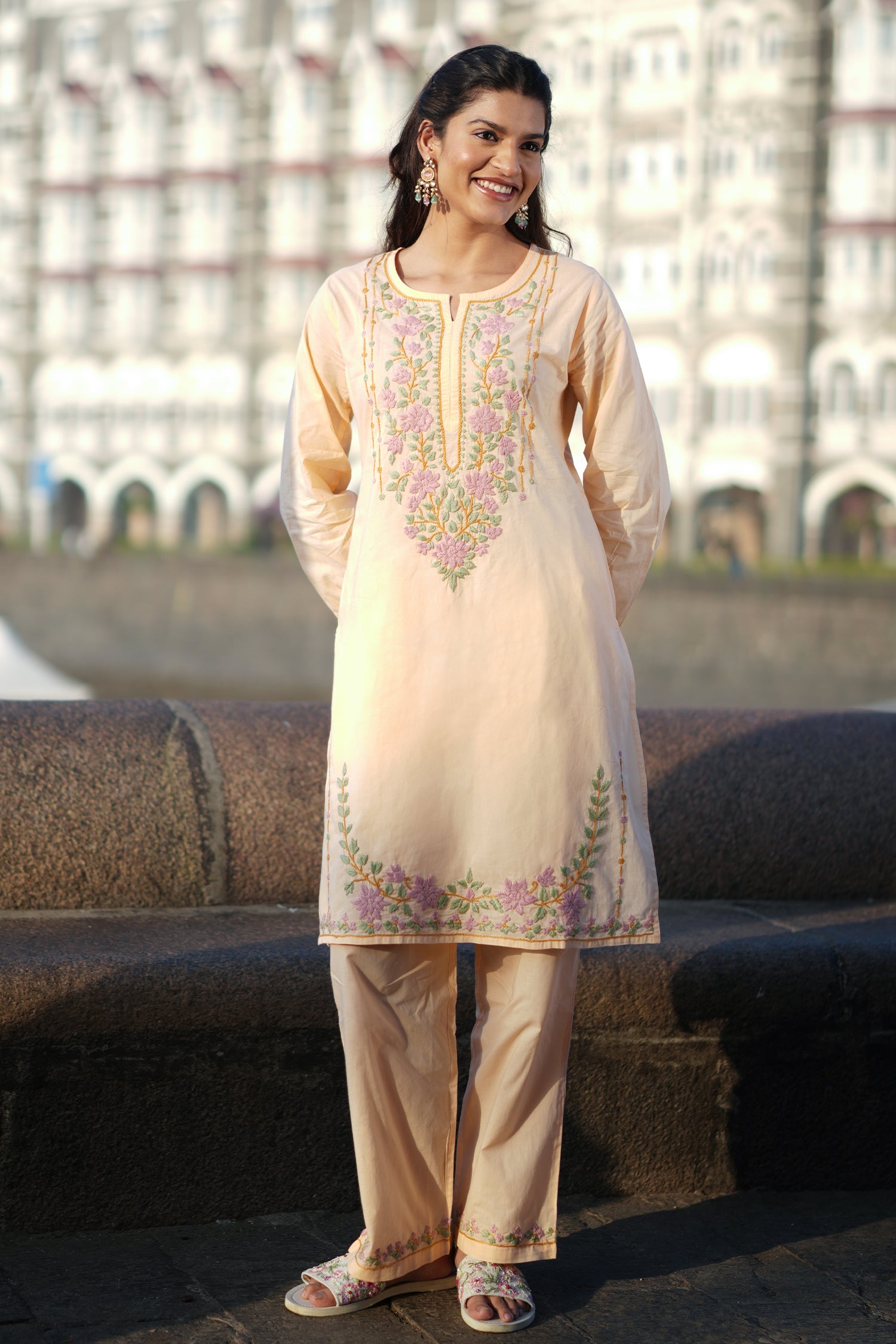 Chikankari Embroidered Kurta Set With Bellbottoms in Cotton– Peach Floral