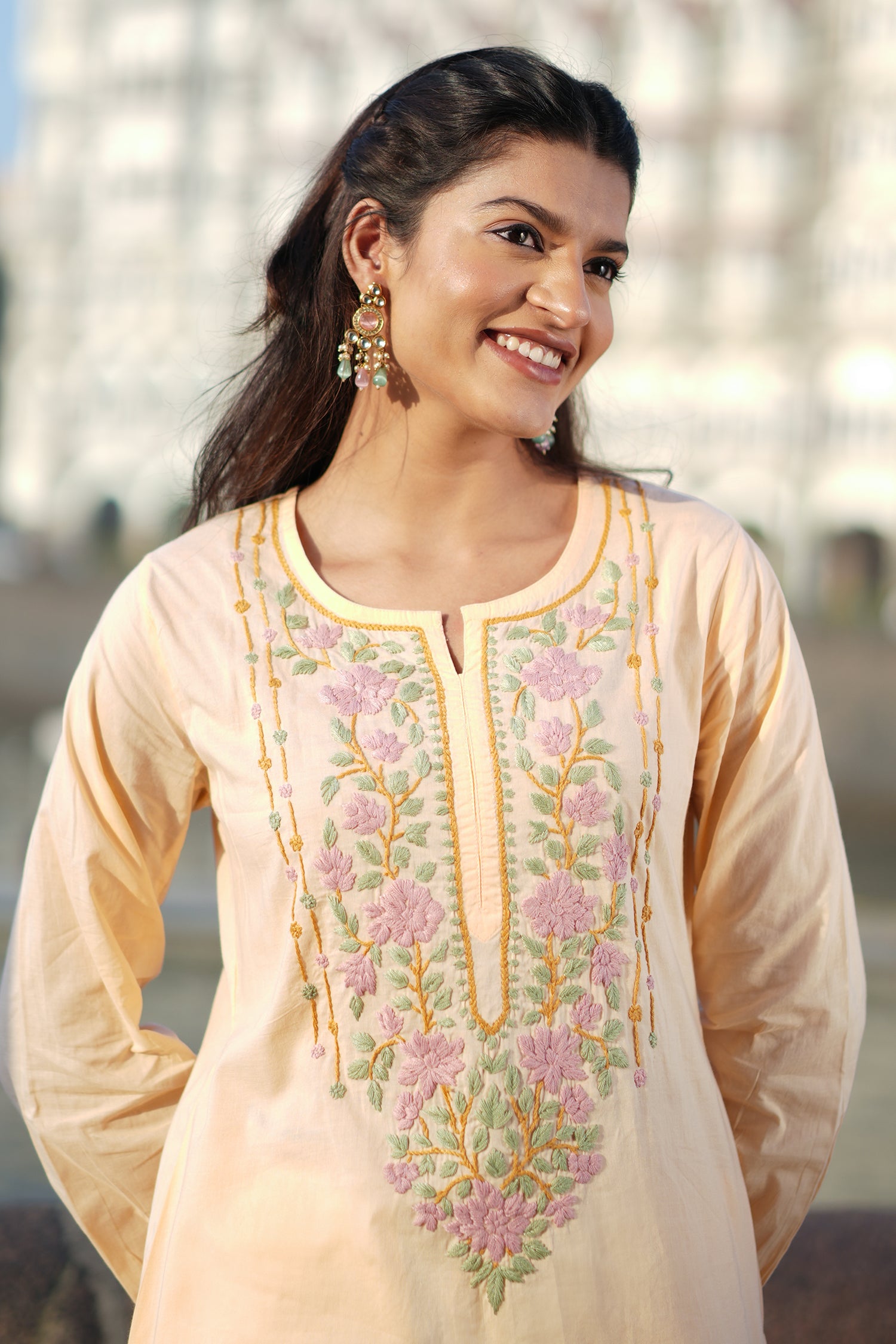 Chikankari Embroidered Kurta Set With Bellbottoms in Cotton– Peach Floral