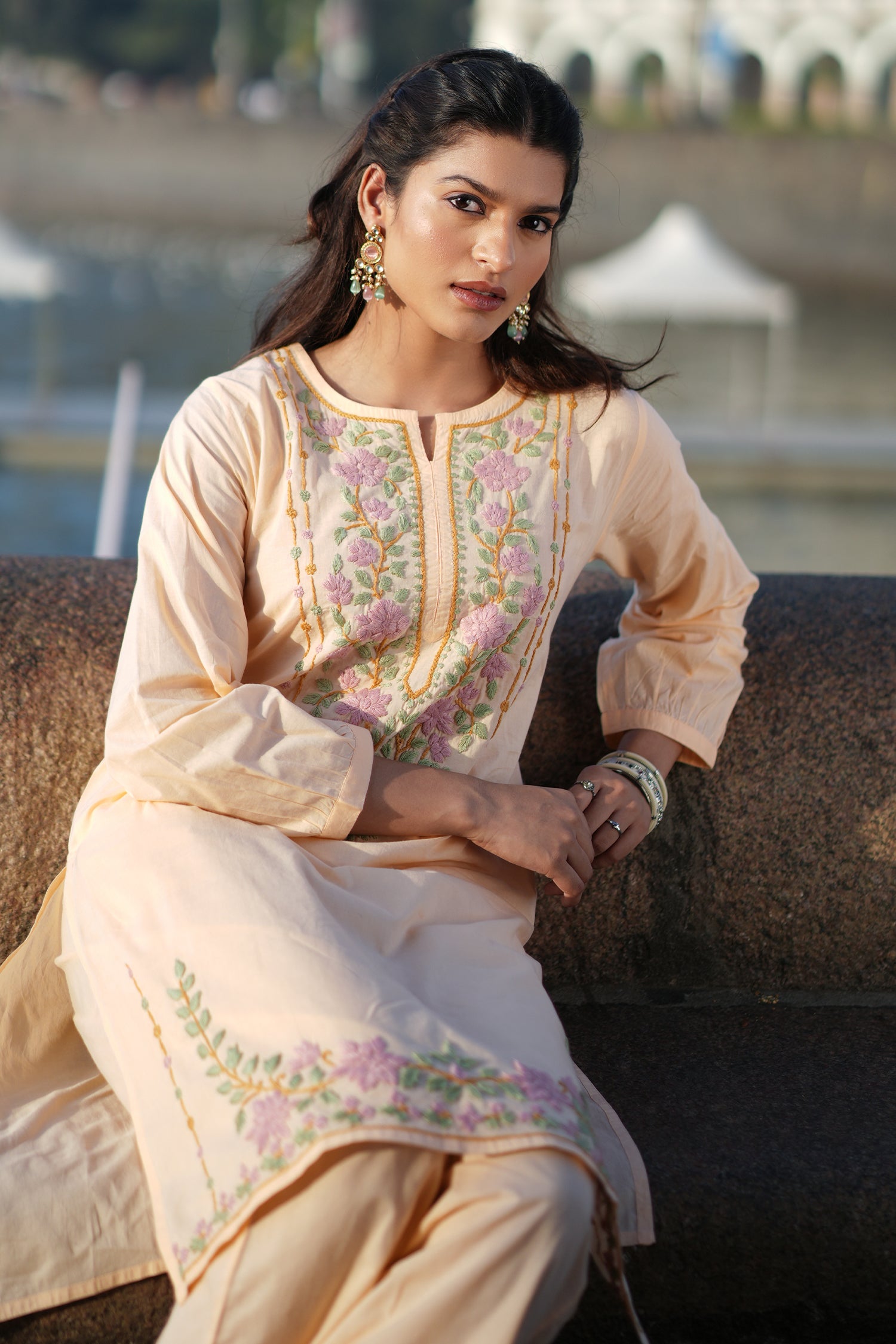 Chikankari Embroidered Kurta Set With Bellbottoms in Cotton– Peach Floral
