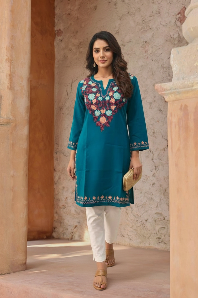 Cotton Kashmiri Aari Short Kurta – Tourquise