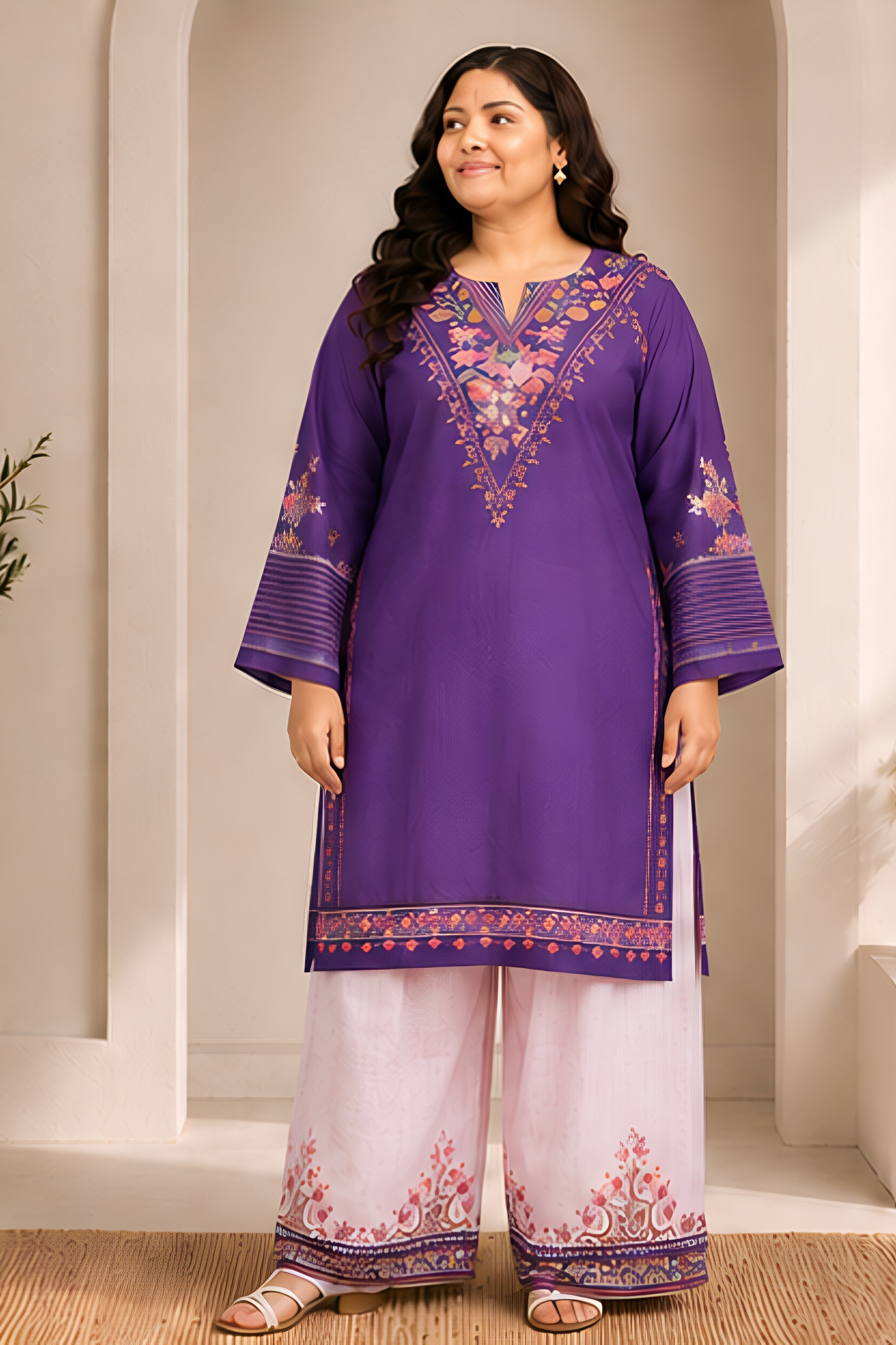 Plus Size - Purple Floral Printed  Lawn Cotton Co-ord Set