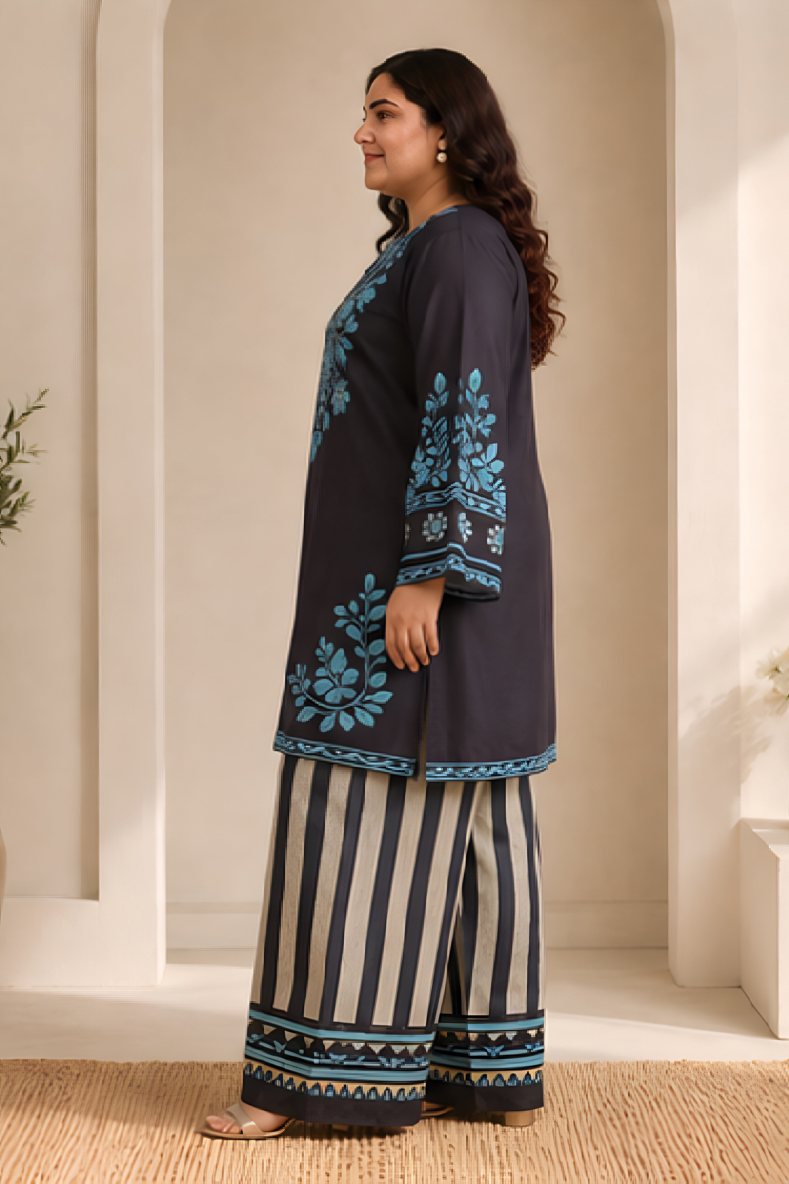 Plus Size - Black & Teal Printed Lawn Cotton Co-ord Set with Farsi Pants