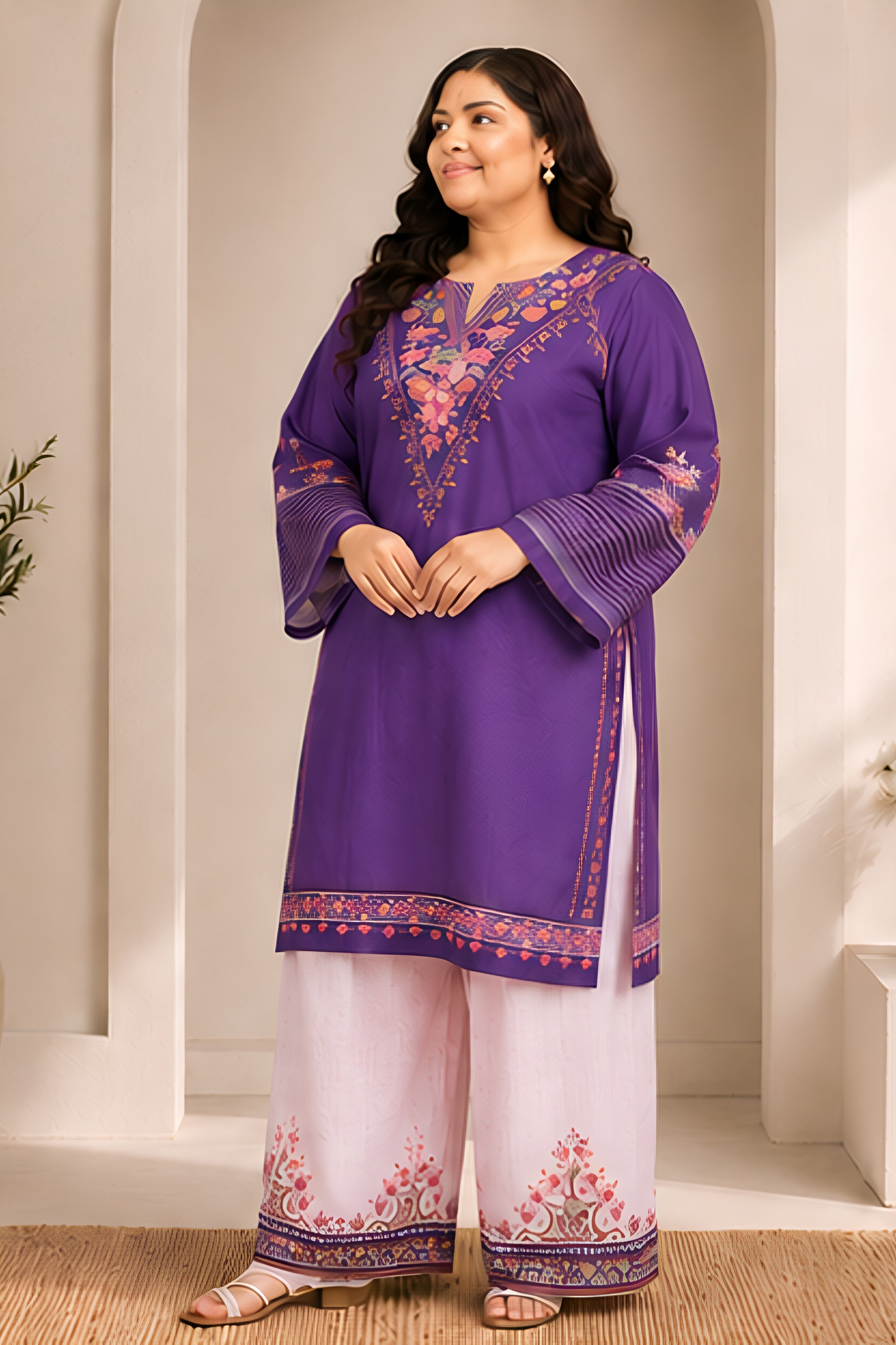Plus Size - Purple Floral Printed  Lawn Cotton Co-ord Set