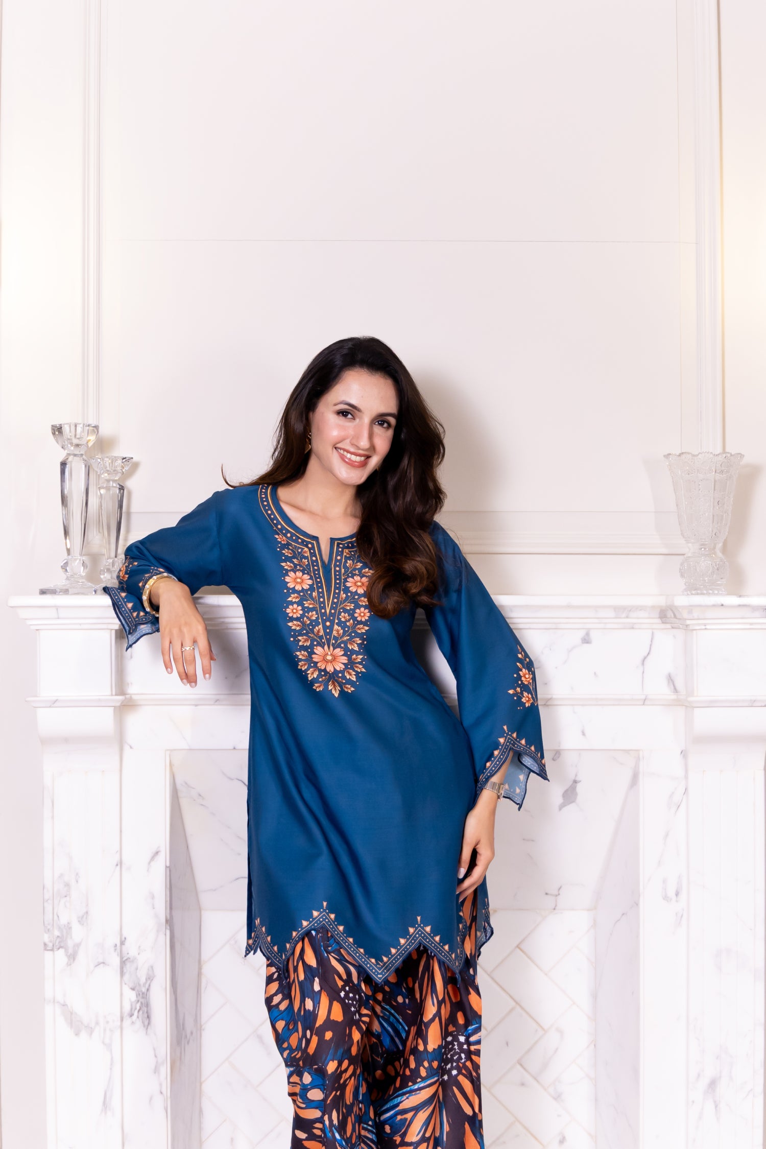 Lawn Cotton Printed Co-ord Set  Laser-Cut - Teal Blue