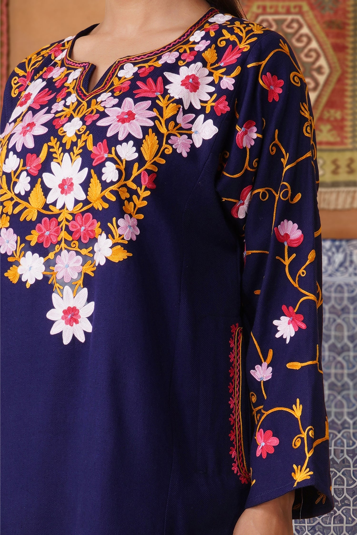 Woolen Phiran in Kashmiri Aari Embroidery - Blue