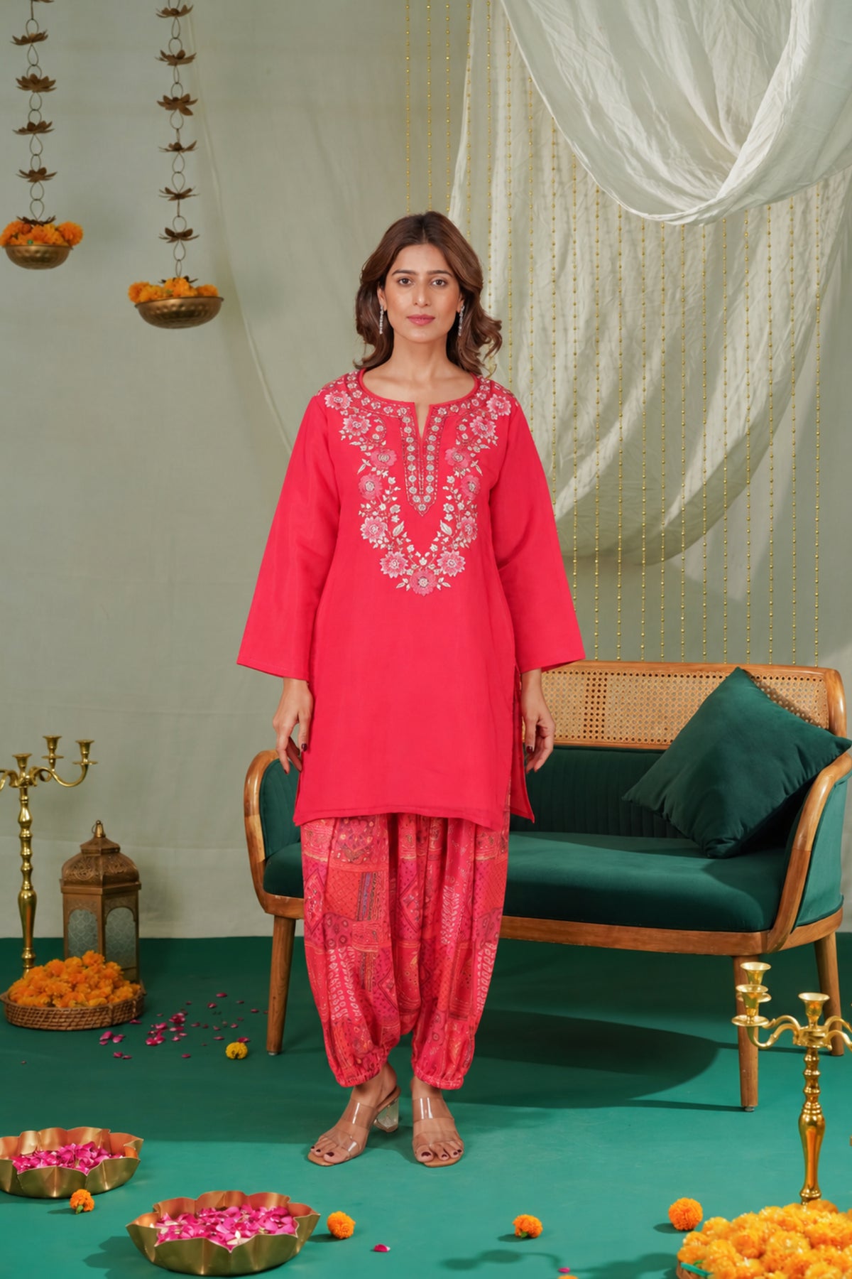 Embroidered Mul Chanderi Printed Farsi Kurta Set in Fuchsia Pink