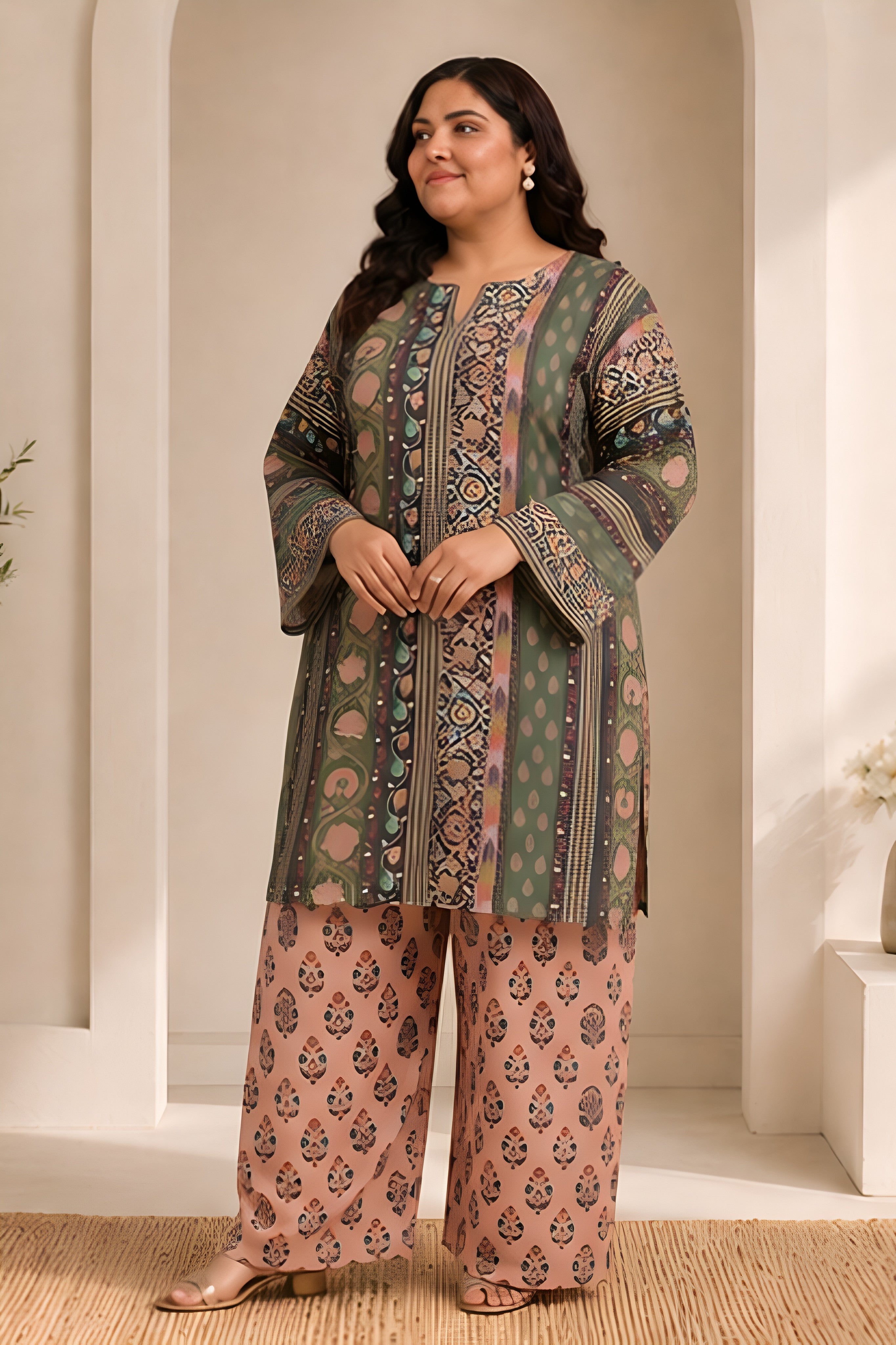 Plus Size - Forest Green Printed  Lawn Cotton Co-ord Set