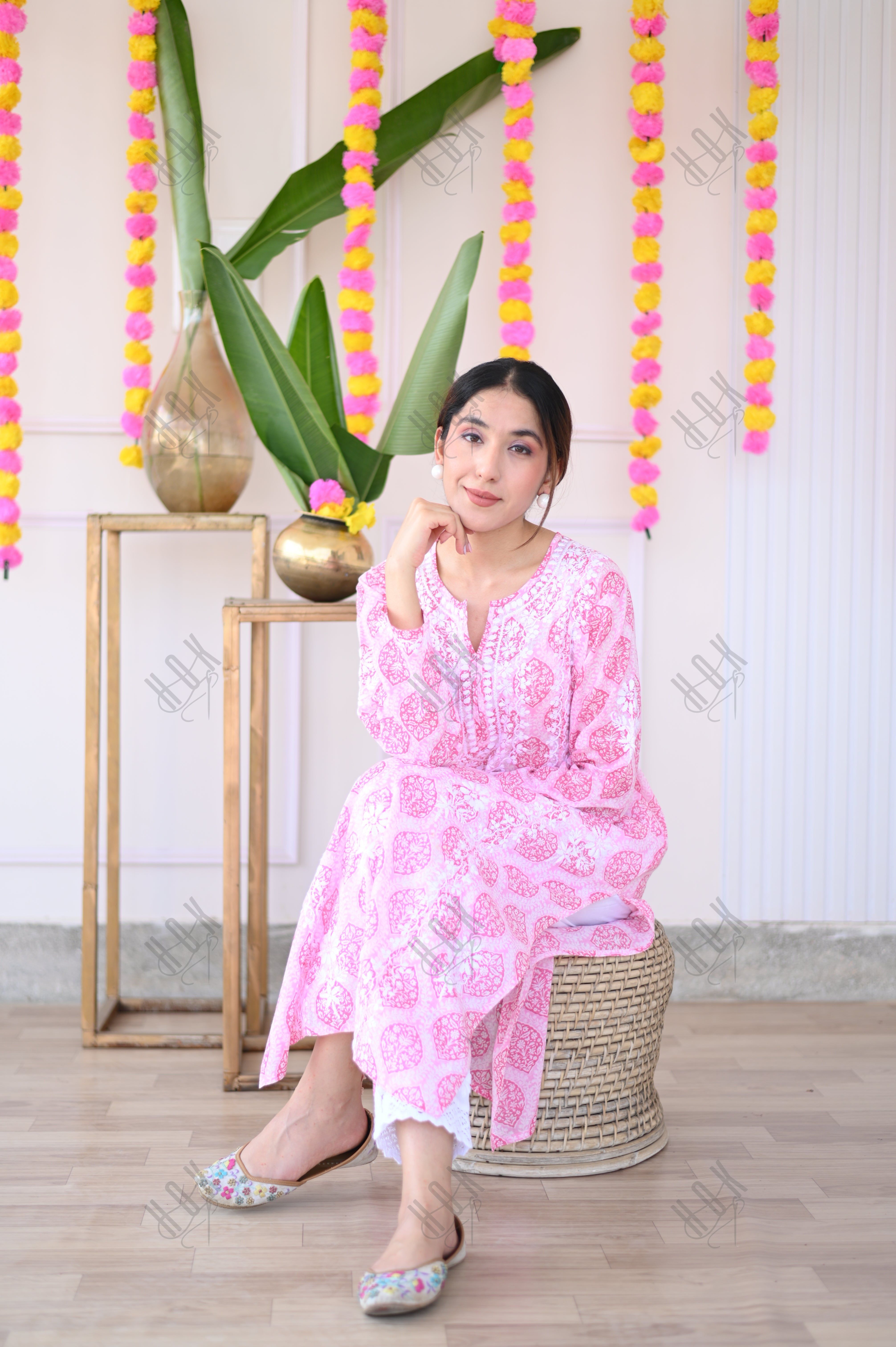 Mahima in Fizaa Chikankari Kurta in Mul cotton in Pink Print