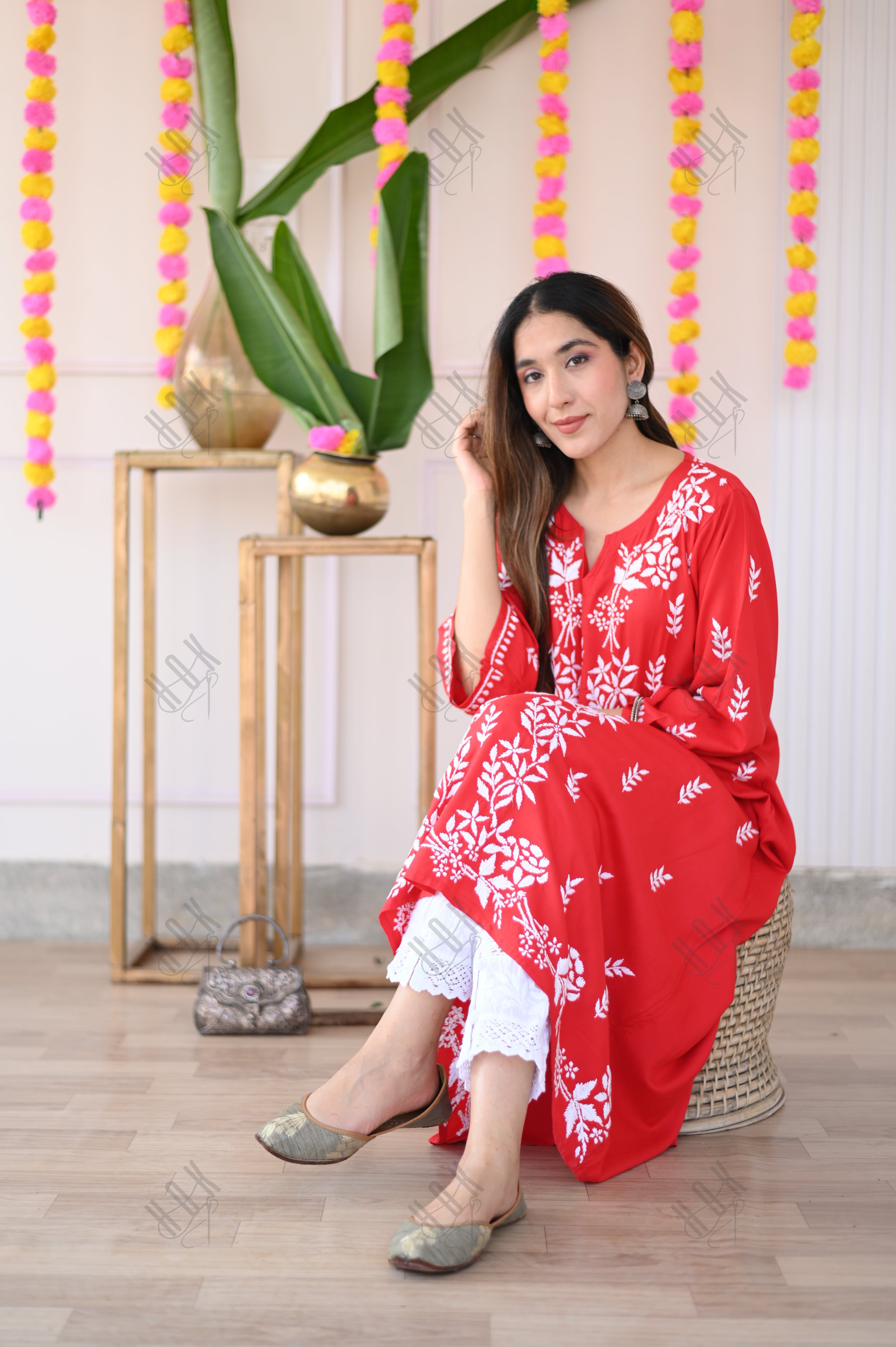 Mahima in Fizaa Rayon Cotton Chikankari Kurta - Red