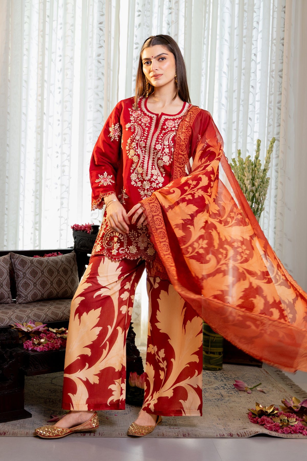 Embroidered Mul Chanderi Printed Pant Kurta Set in Deep Wine