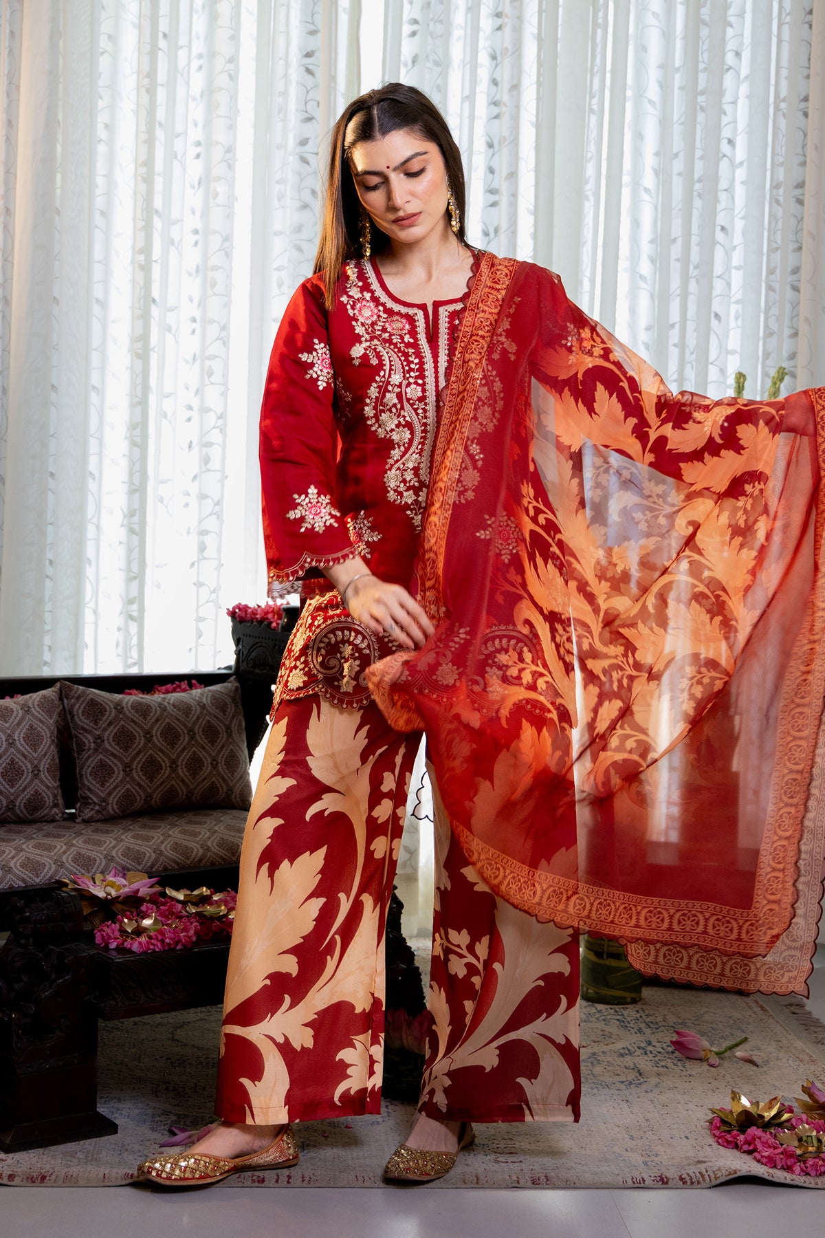 Printed Organza Dupatta in Deep Wine