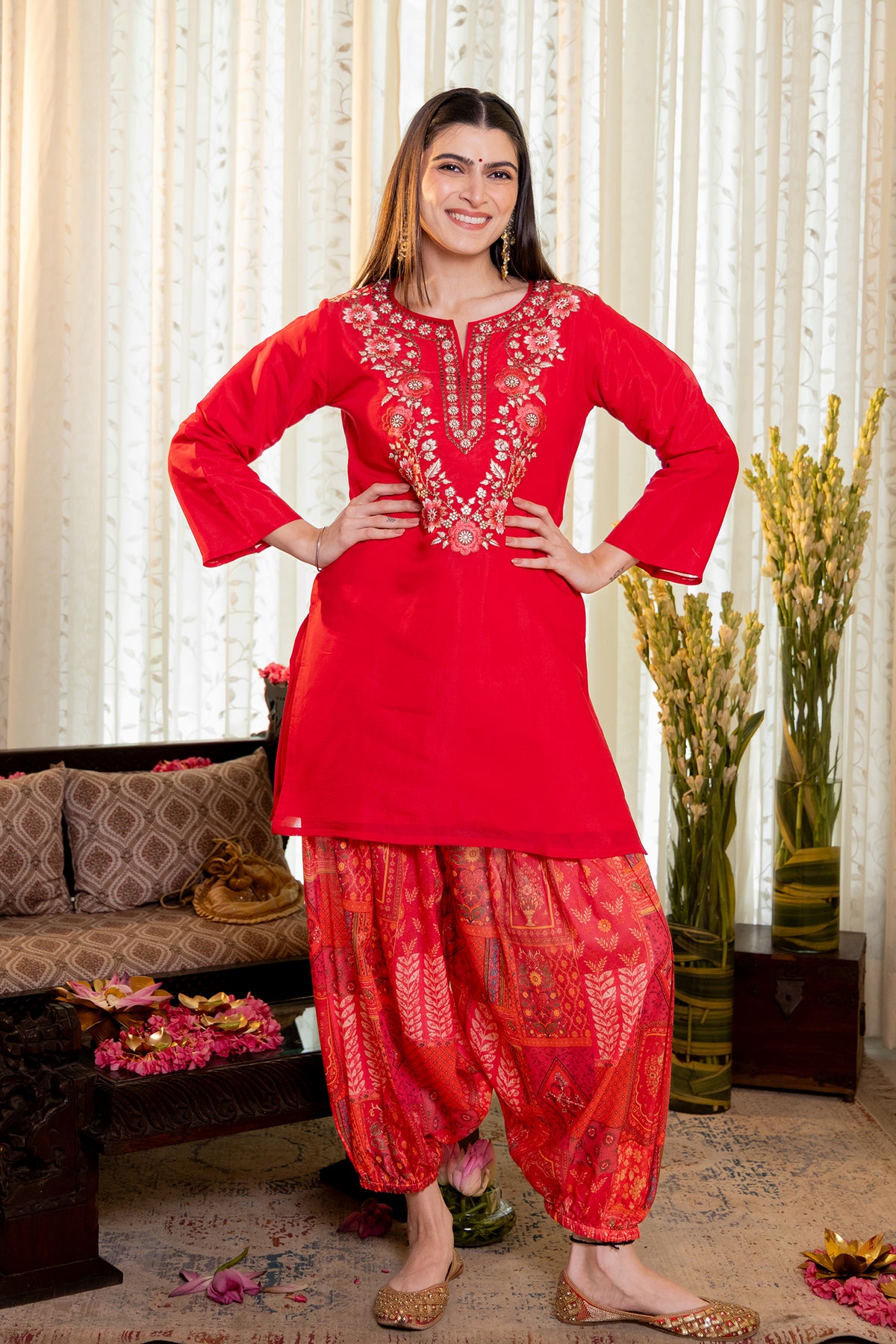 Embroidered Mul Chanderi Printed Farsi Kurta Set in Fuchsia Pink