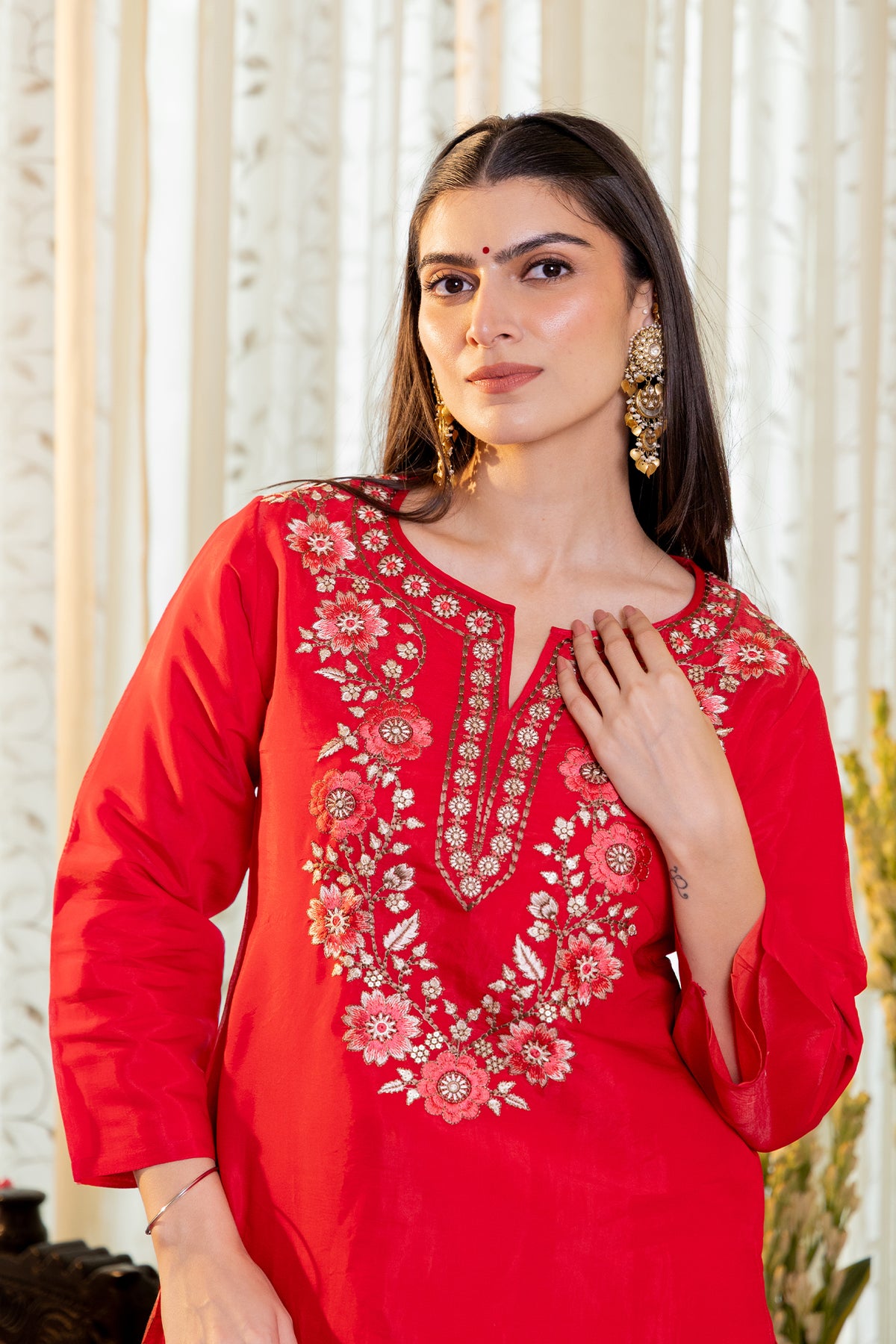 Embroidered Mul Chanderi Printed Farsi Kurta Set in Fuchsia Pink
