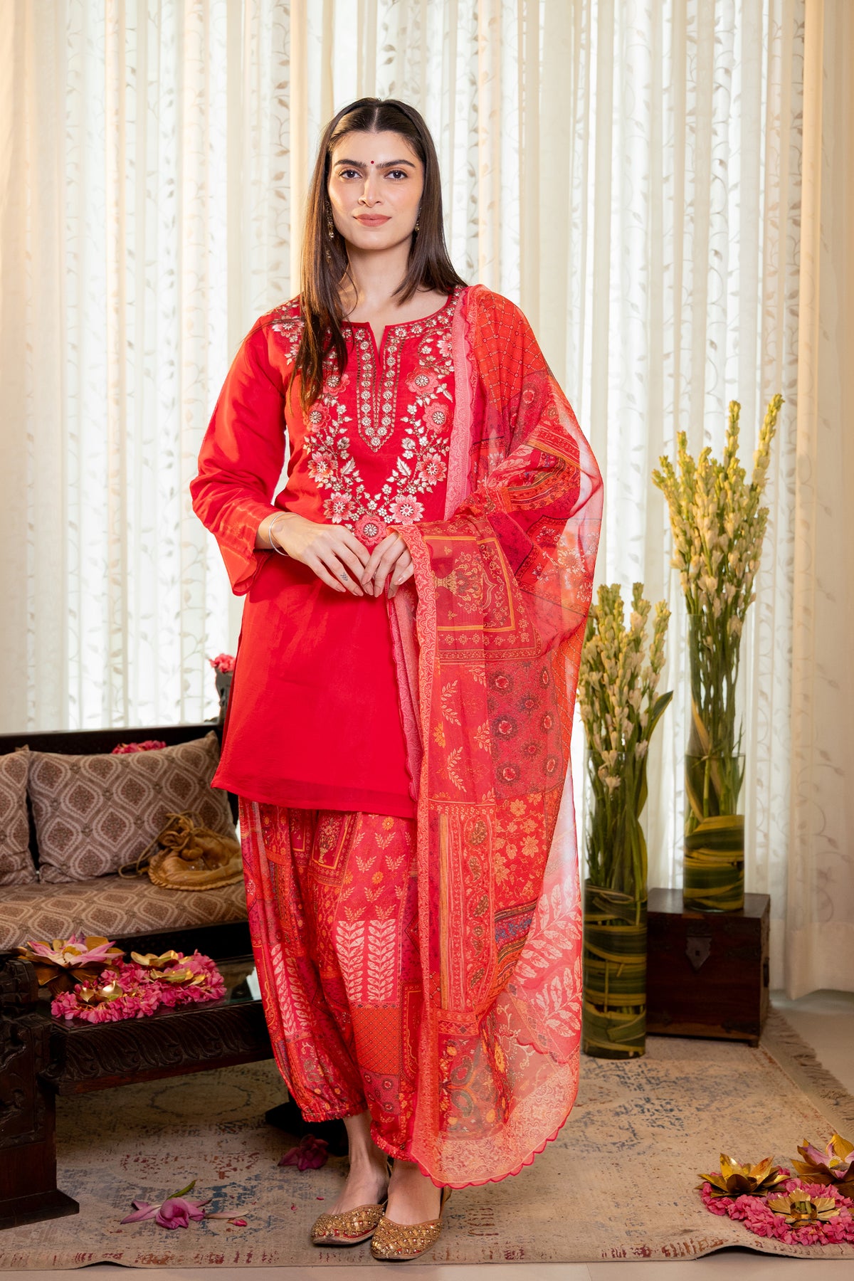 Embroidered Mul Chanderi Printed Farsi Kurta Set in Fuchsia Pink