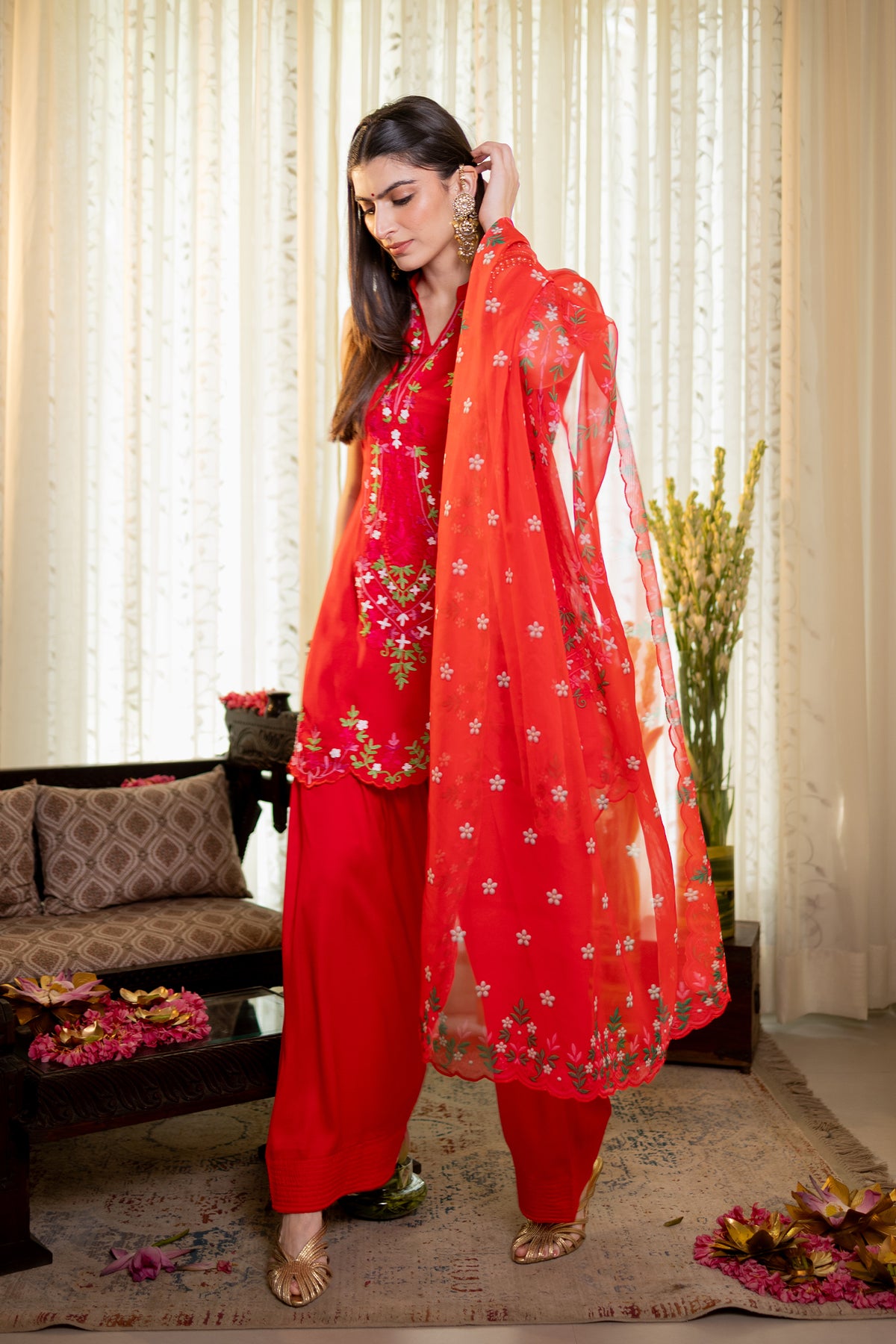 Printed Organza Dupatta in Bright Red