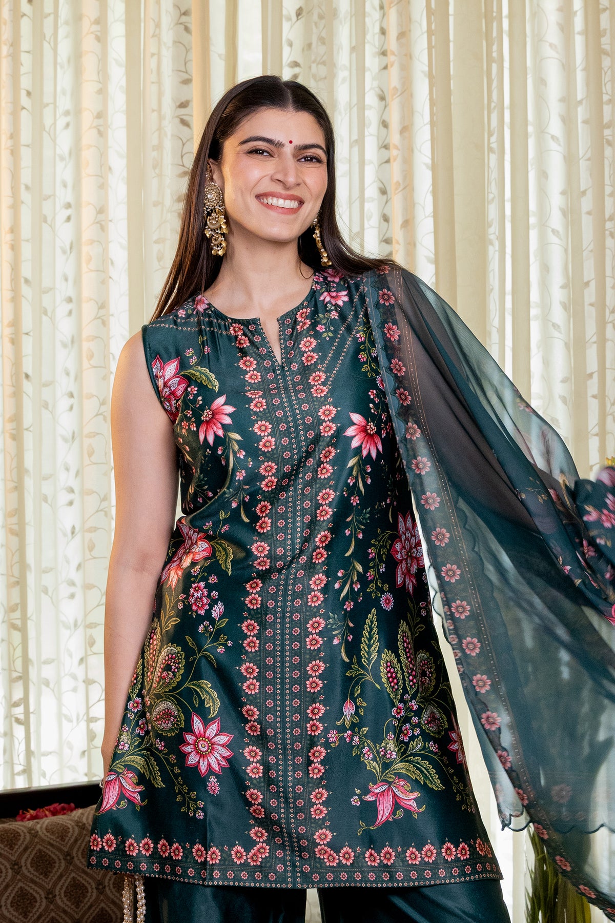 Printed Organza Dupatta in Deep Green