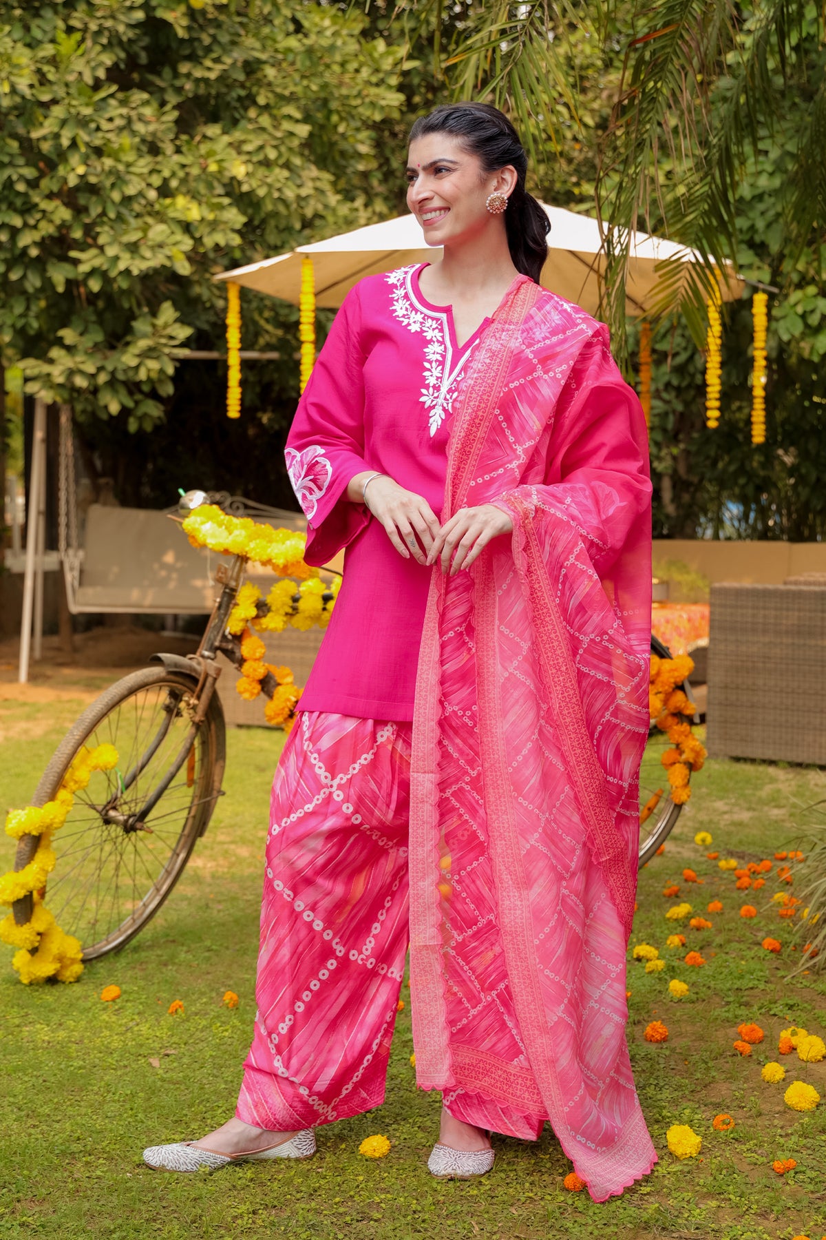 Printed Organza Dupatta in Vibrant Pink
