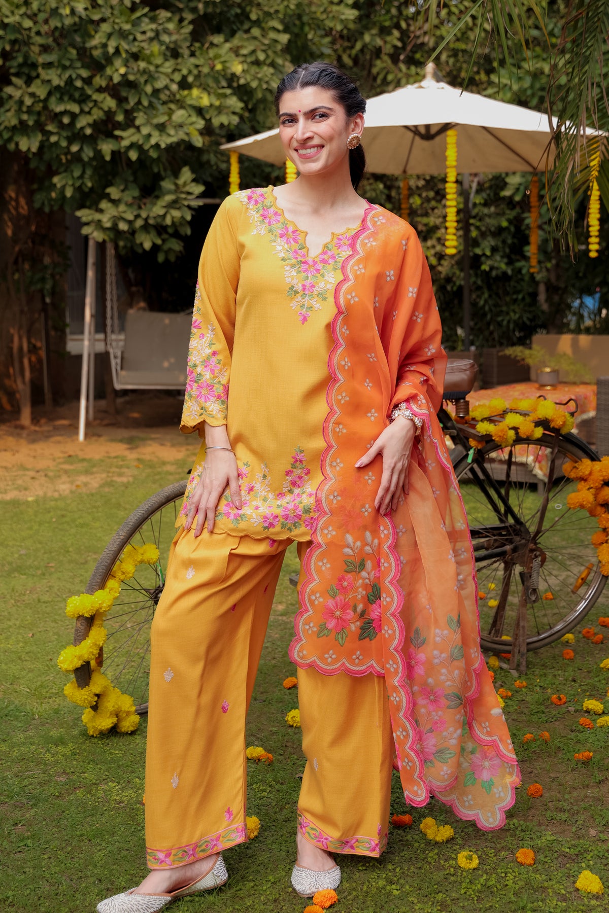 Kashmiri Aari Laser-Cut Ruby Cotton Farsi Kurta Set in Mustard Yellow