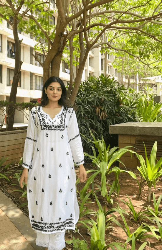 Nishtha in Noor HOK Muslin Chikankari kurti for Women- White With Blac -  House Of Kari (Chikankari Clothing)