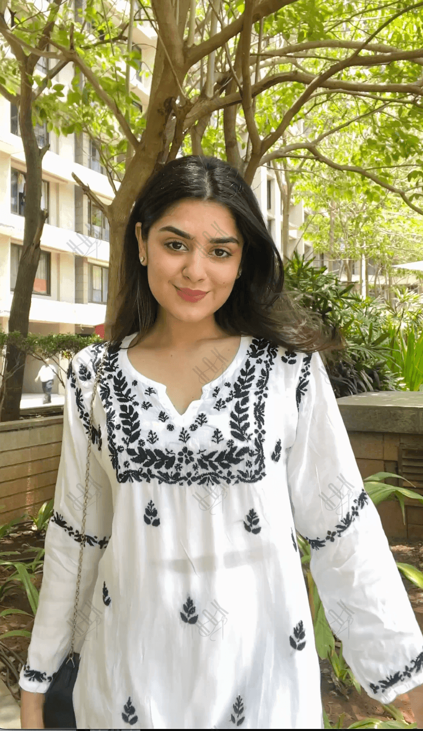 Nishtha in Noor HOK Muslin Chikankari kurti for Women- White With Black - House Of Kari (Chikankari Clothing)