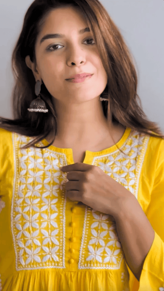 Pooja Gor Hand Embroidery Chikankari Long Kurti for Women | Stylish Casual | Fancy| Yellow & White-4 - House Of Kari (Chikankari Clothing)