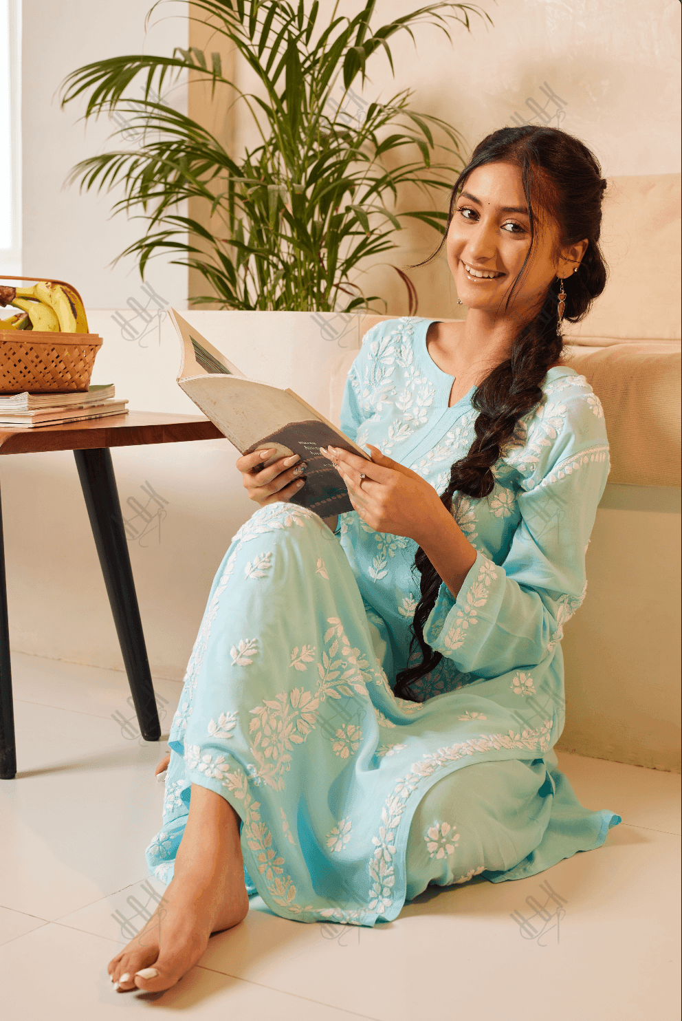 Samma Chikankari CO-ORD Set In Modal Cotton for Women In Light Blue - House Of Kari (Chikankari Clothing)