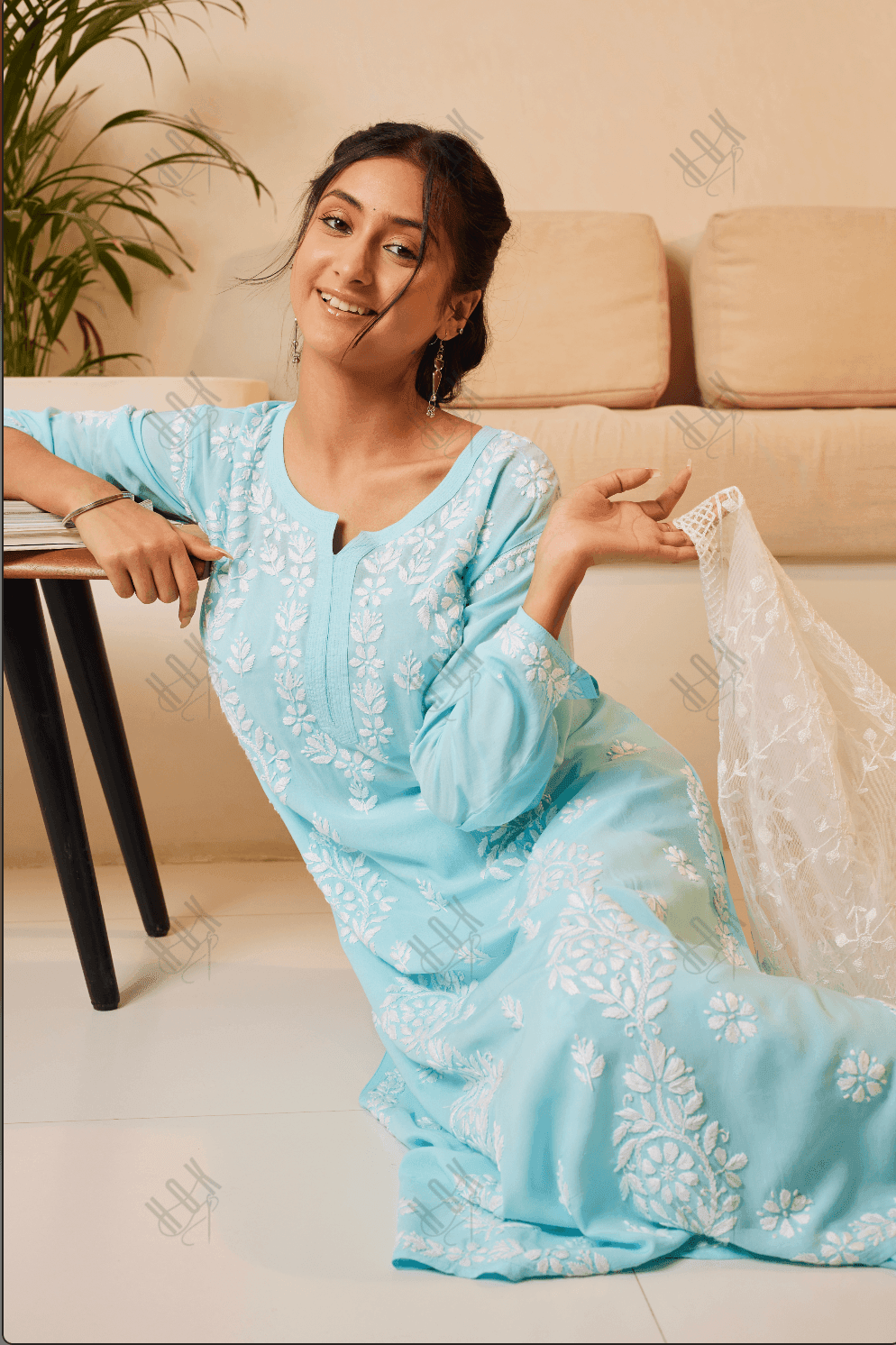 Samma Chikankari CO-ORD Set In Modal Cotton for Women In Light Blue - House Of Kari (Chikankari Clothing)