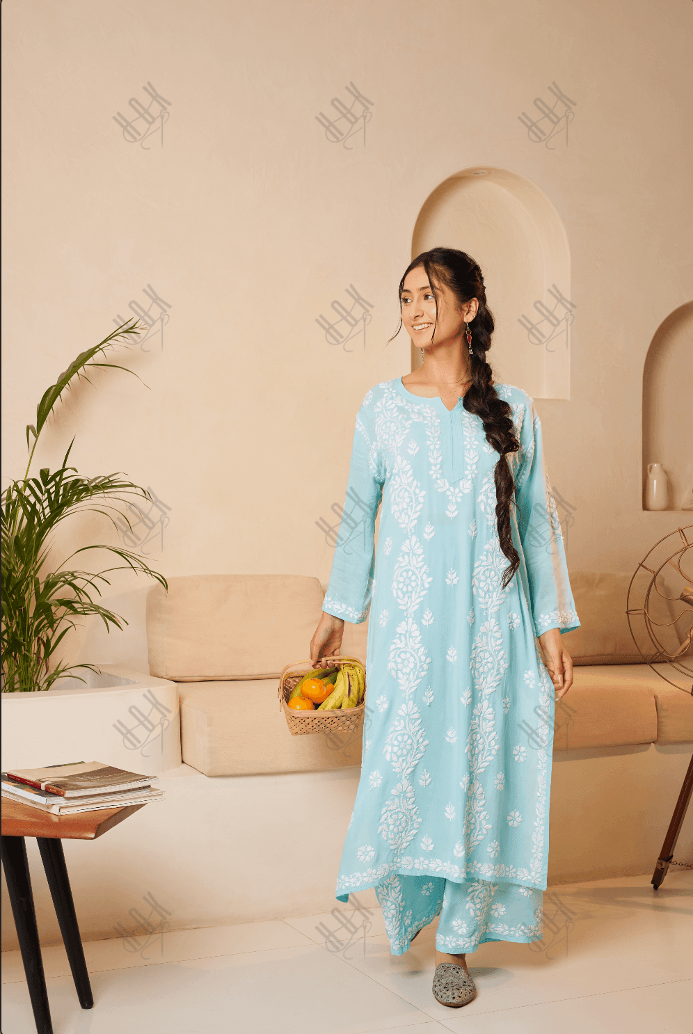 Samma Chikankari CO-ORD Set In Modal Cotton for Women In Light Blue - House Of Kari (Chikankari Clothing)