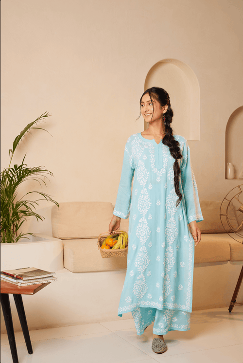 Load image into Gallery viewer, Muskaan in Chikankari CO-ORD Set In Modal Cotton for Women In Light Blue - House Of Kari (Chikankari Clothing)
