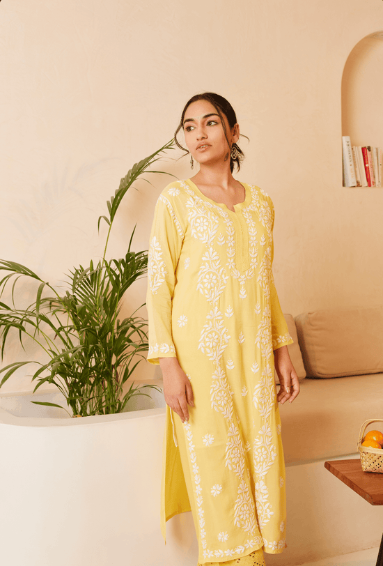 Samma Chikankari CO-ORD Set In Modal Cotton for Women In Yellow - House Of Kari (Chikankari Clothing)