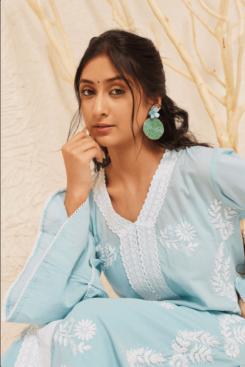 Samma Chikankari Long Kurti In Cotton for Women- Sky Blue - House Of Kari (Chikankari Clothing)