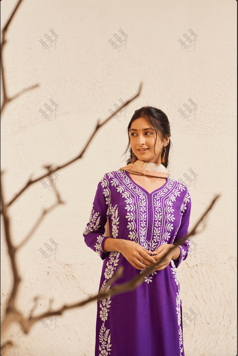 Tanika in Chikankari Long Kurta in Rayon Cotton for Women- Purple - House Of Kari (Chikankari Clothing)