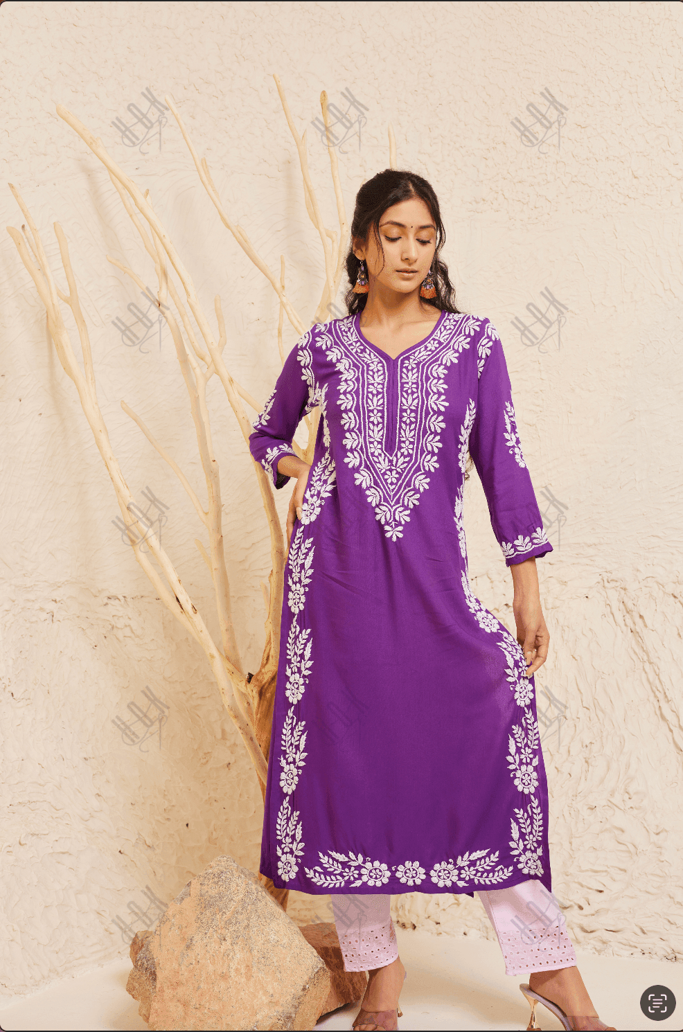 Tanika in Chikankari Long Kurta in Rayon Cotton for Women- Purple - House Of Kari (Chikankari Clothing)