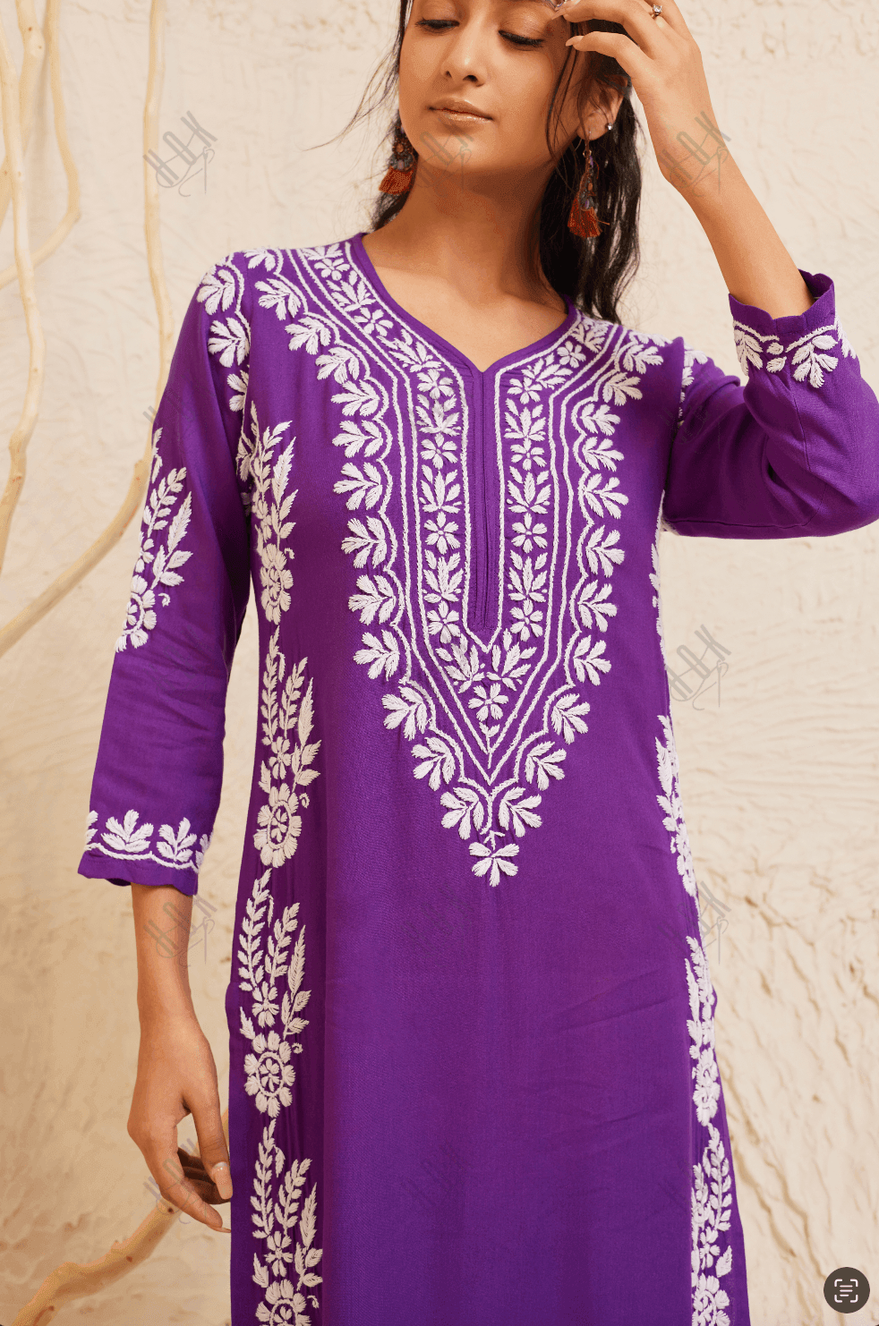 Samma Chikankari Long Kurta in Rayon Cotton for Women- Purple - House Of Kari (Chikankari Clothing)