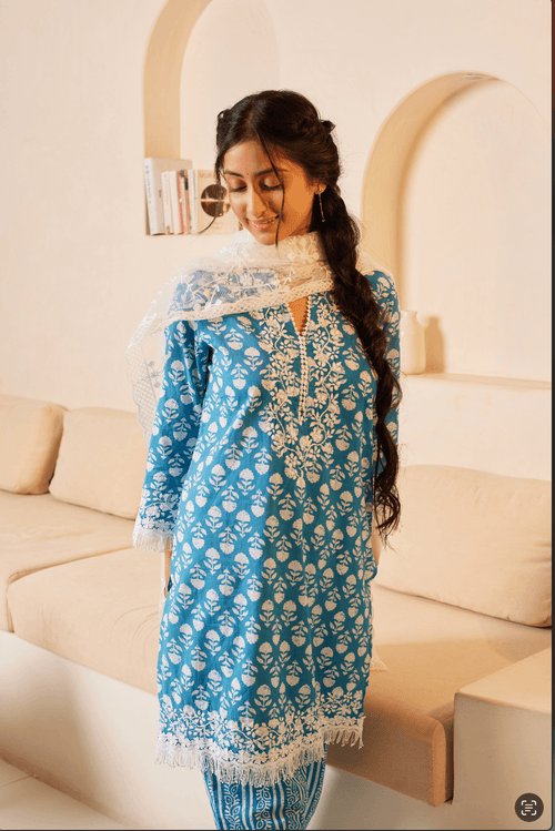 Samma Chikankari Co-ord set in Cotton for Women- Blue - House Of Kari (Chikankari Clothing)
