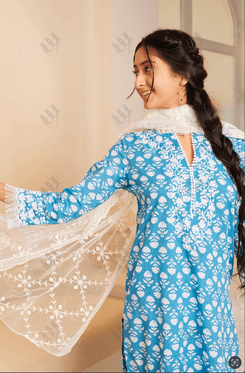 Samma Chikankari Co-ord set in Cotton for Women- Blue - House Of Kari (Chikankari Clothing)