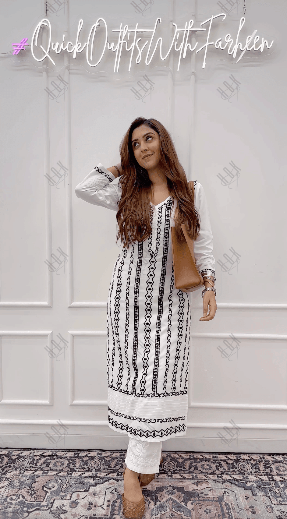 Farheen in Chikankari Long Kurta in Rayon Cotton for Women- White With Black - House Of Kari (Chikankari Clothing)