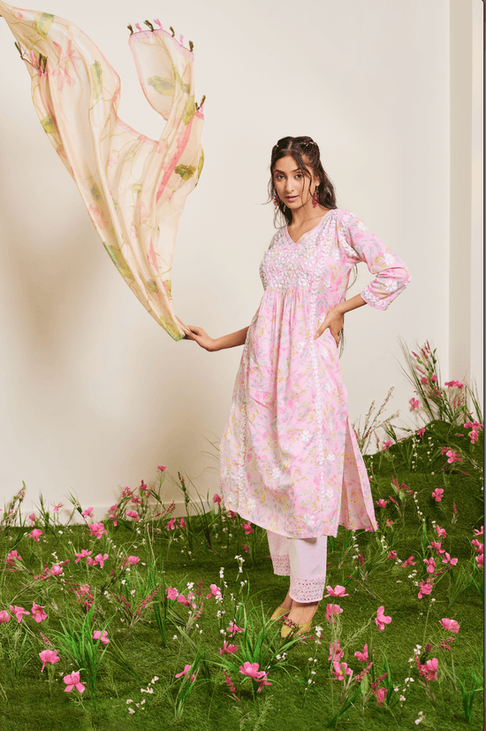 Load image into Gallery viewer, Samma Chikankari Long Kurta in Mul Cotton for Women- Baby Pink - House Of Kari (Chikankari Clothing)

