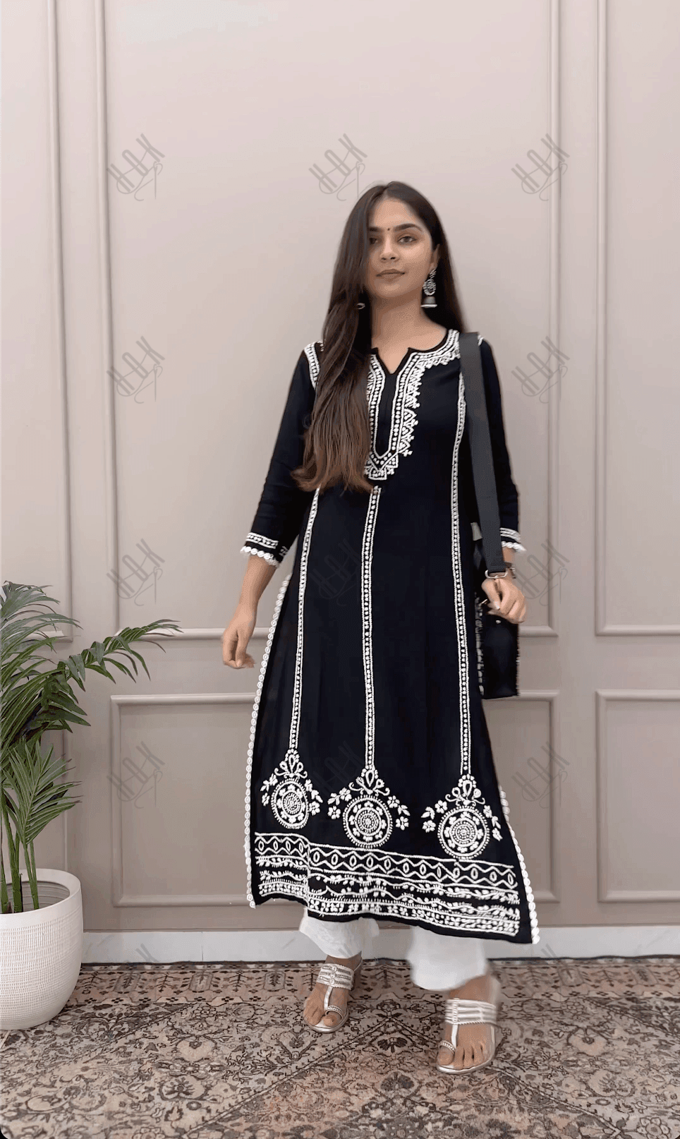 Sharmin in Chikankari Long Kurta in Rayon Cotton for Women- Black With White - House Of Kari (Chikankari Clothing)