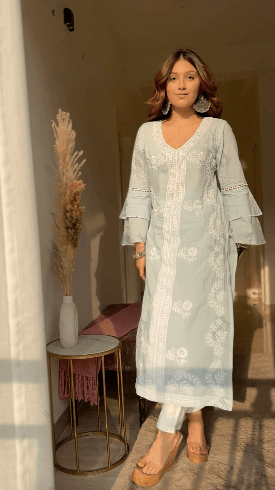 Akshita in Chikankari Long Kurti In Cotton for Women- Sky Blue - House Of Kari (Chikankari Clothing)