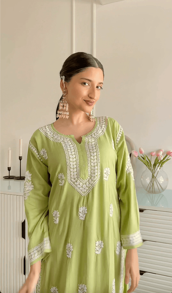 Load image into Gallery viewer, Farheen Noor Chikankari CO-ORD Set In Rayon for Women In Pista Green - House Of Kari (Chikankari Clothing)
